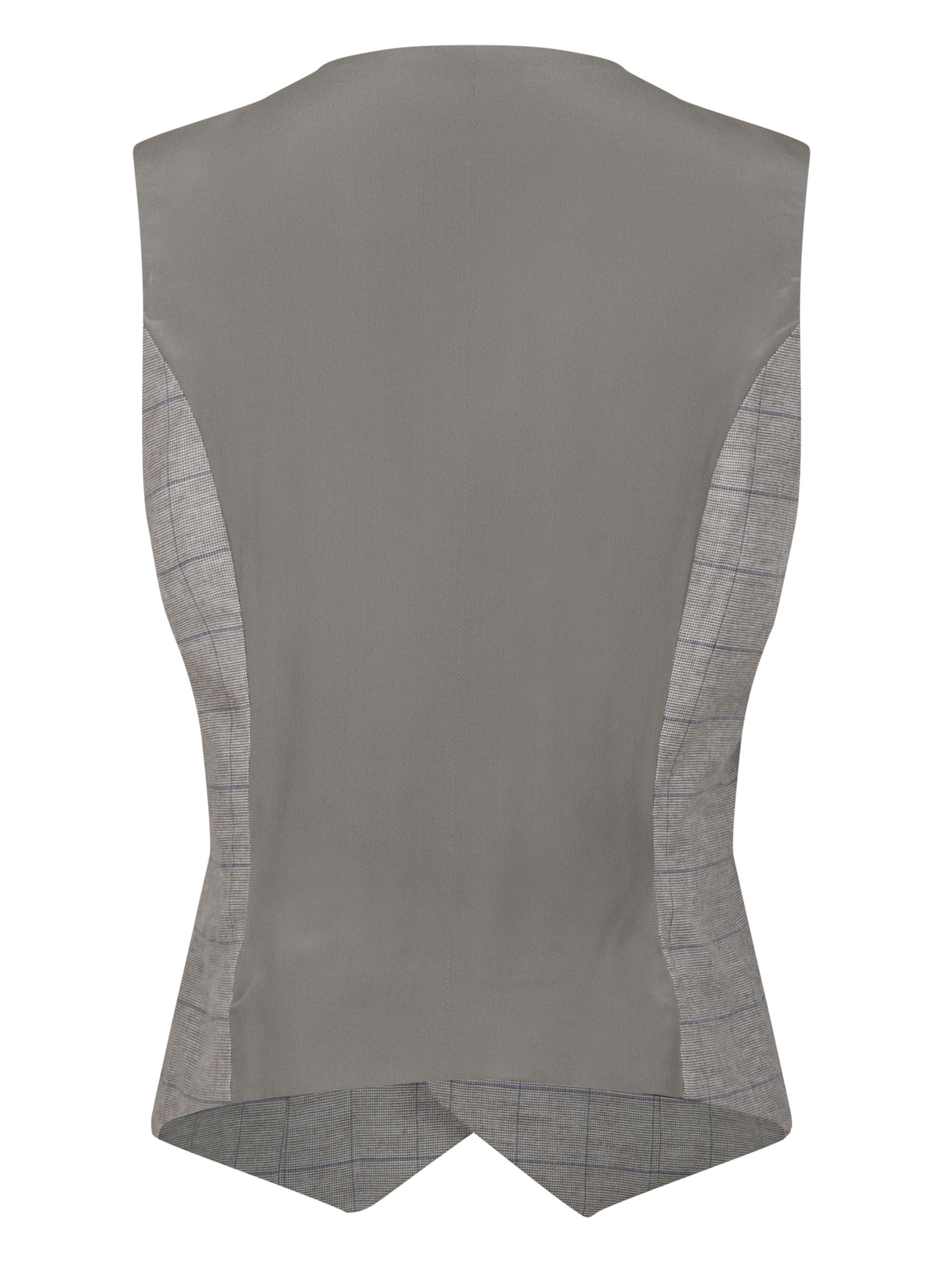 Taillierte Weste mit grauem Seidenrücken. Hergestellt mit nachhaltigen Fasern, sowie Stoffen aus unserem Altbestand im Sinne unserer "Zero-Waste-Politik".