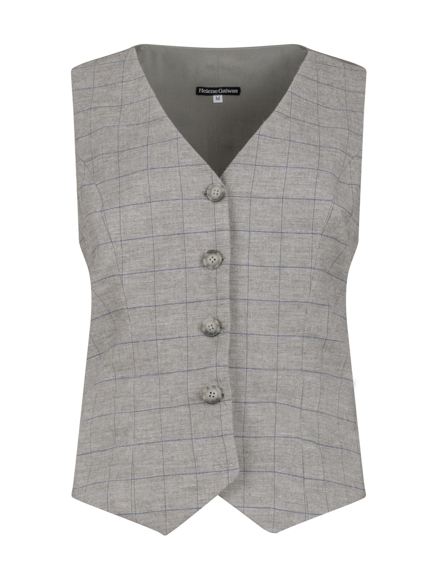 Taillierte Weste mit grauem Seidenrücken. Hergestellt mit nachhaltigen Fasern, sowie Stoffen aus unserem Altbestand im Sinne unserer "Zero-Waste-Politik".