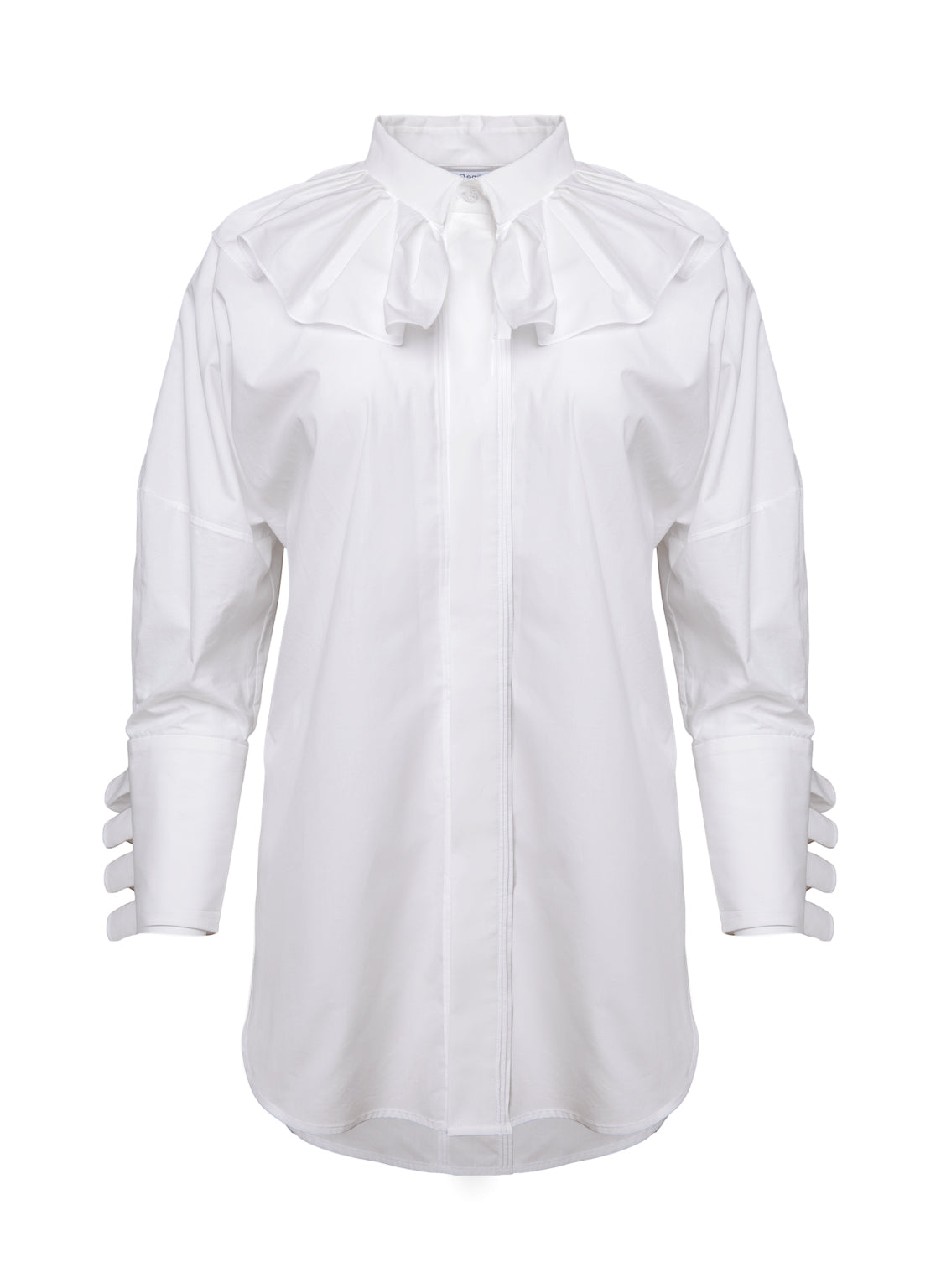 Elegante, weiße Bluse aus 100% feinster Baumwolle mit überschrittenen Schultern, großem Kragen und Manschetten