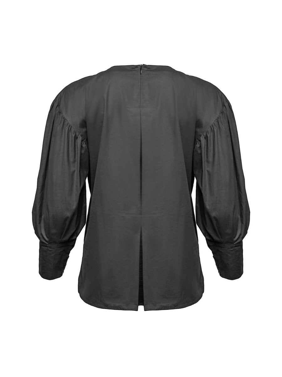 Außergewöhnliche, schwarze Basic Bluse aus 100% Baumwolle mit Rundhalsausschnitt, Kellerfalte mittig und seitlichen Schlitzen