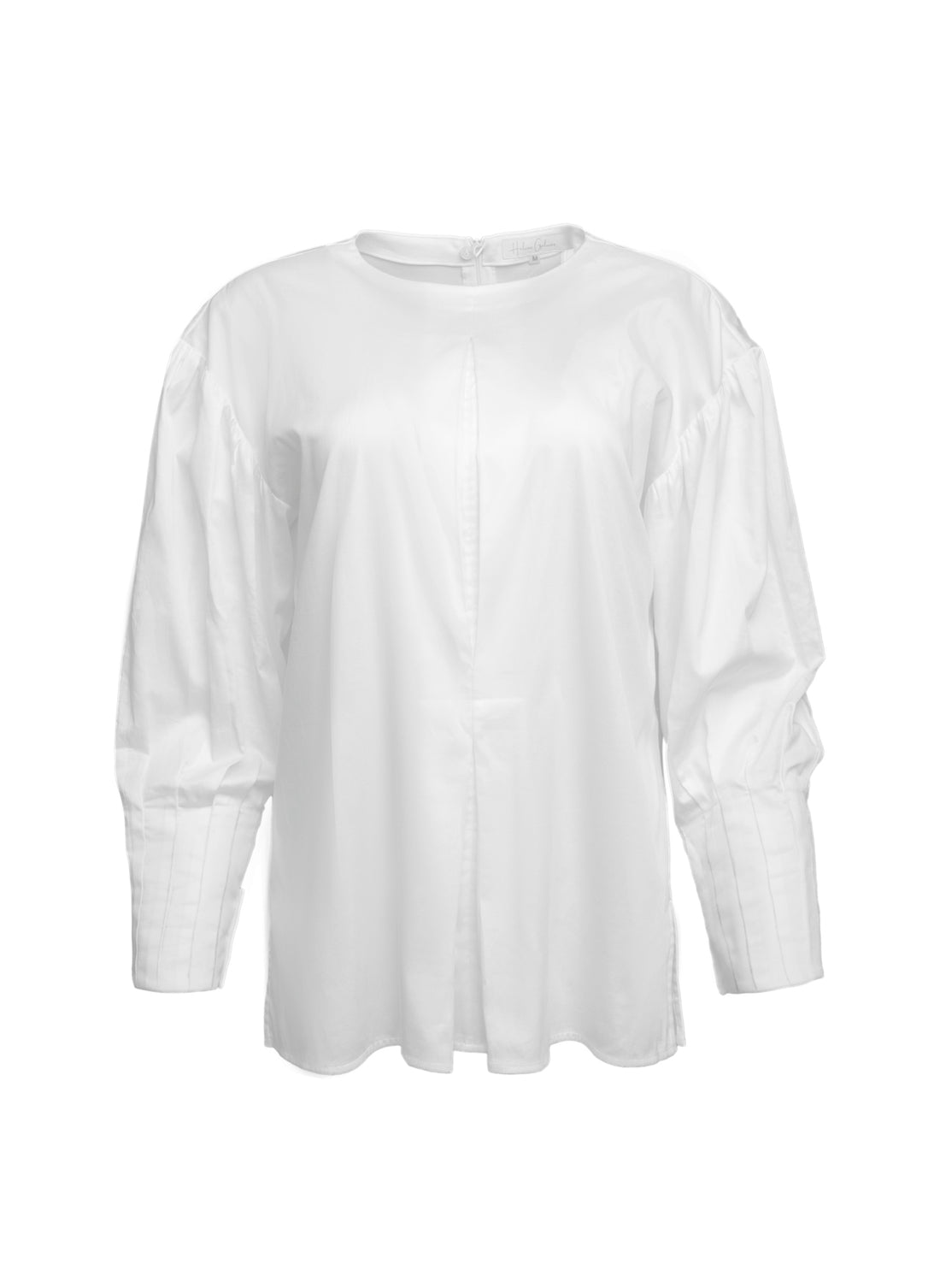 Außergewöhnliche, weiße Basic Bluse aus 100% Baumwolle mit Rundhalsausschnitt, Kellerfalte mittig und seitlichen Schlitzen