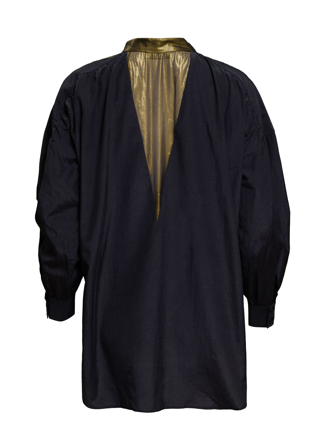 Die weite Seiden-Baumwoll-Bluse hat integrierte Seideneinsätze mit Lurex an Kragen, Schultern, Rücken von Helene Galwas