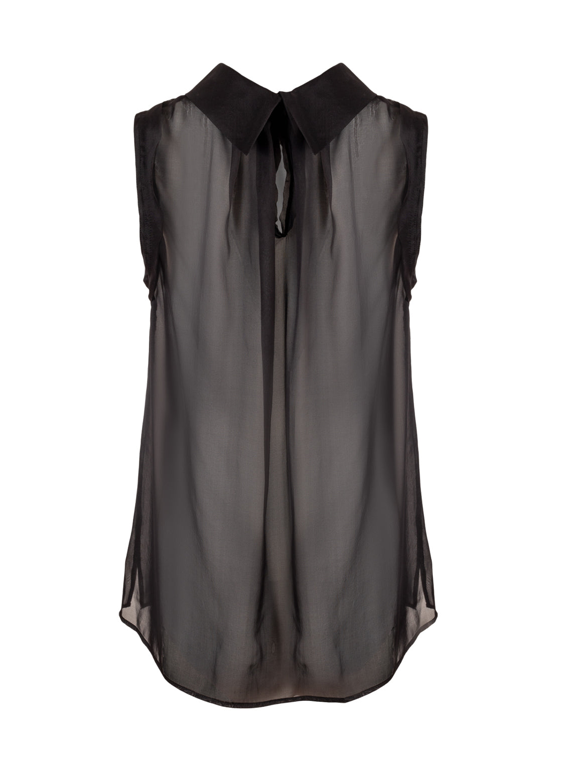 Transparente, ärmellose Bluse aus feinster Chiffonseide, raffinierter Hemdkragenverschluss im Nacken sowie ungesäumten Ärmelkanten