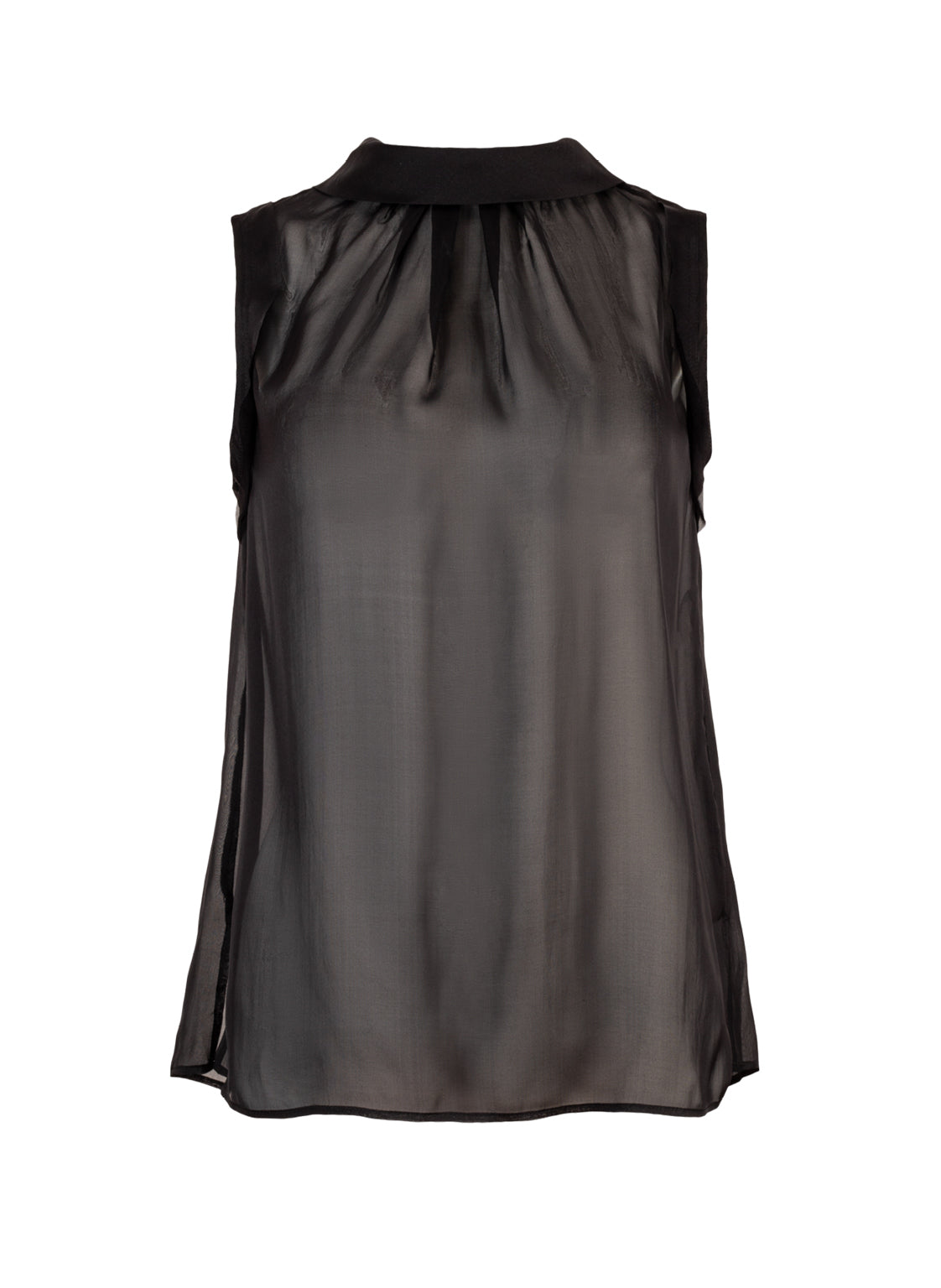 Transparente, ärmellose Bluse aus feinster Chiffonseide, raffinierter Hemdkragenverschluss im Nacken sowie ungesäumten Ärmelkanten
