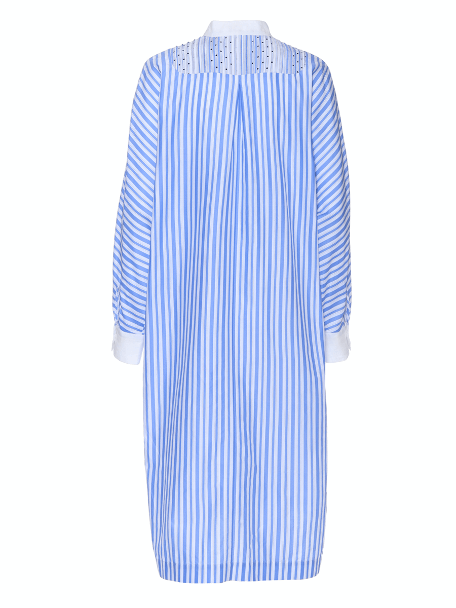 Gestreiftes Blusenkleid aus Premium-Baumwolle, gepunkteten Biesen im Brustbereich und Fledermausärmeln