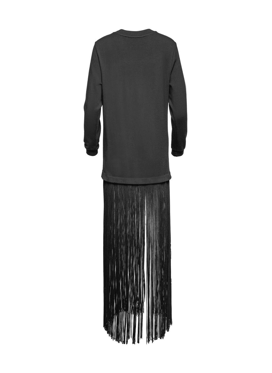 Schwarzes, hochgeschlossenes Feinstrickkleid aus 100% Wolle mit extralangen, abnehmbaren Fransen