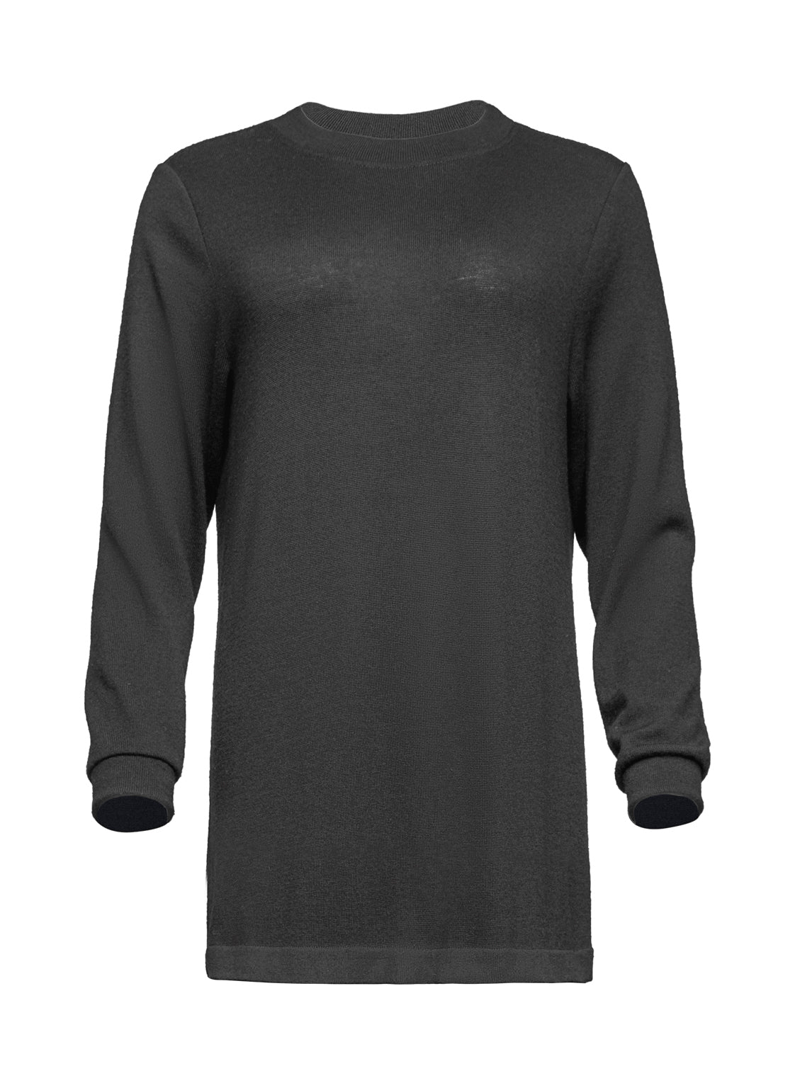 Schwarzes, hochgeschlossenes Feinstrickkleid aus 100% Wolle mit extralangen, abnehmbaren Fransen