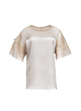 Exquisite Kurzarmbluse aus Stretch-Satin mit eleganten Einsätzen in der Schulterpartie und den Ärmeln aus feiner Organzaseide