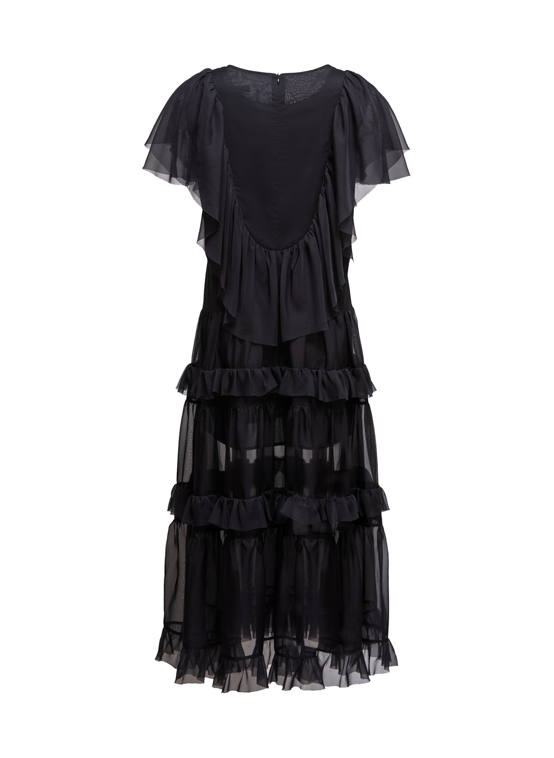 Maxi-Kleid aus feinem Baumwollbatist, zarten Volants und kunstvoll eingearbeiteten Einsätzen aus Chiffonseide