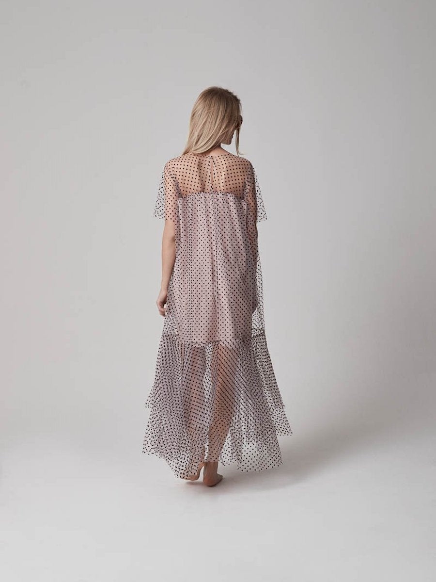 Maxikleid aus Tüll mit Samt Pünktchen, ungesäumten Kanten und blickdichtem Unterkleid