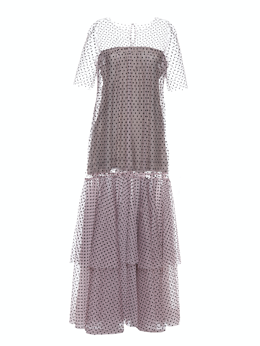 Maxikleid aus Tüll mit Samt Pünktchen, ungesäumten Kanten und blickdichtem Unterkleid