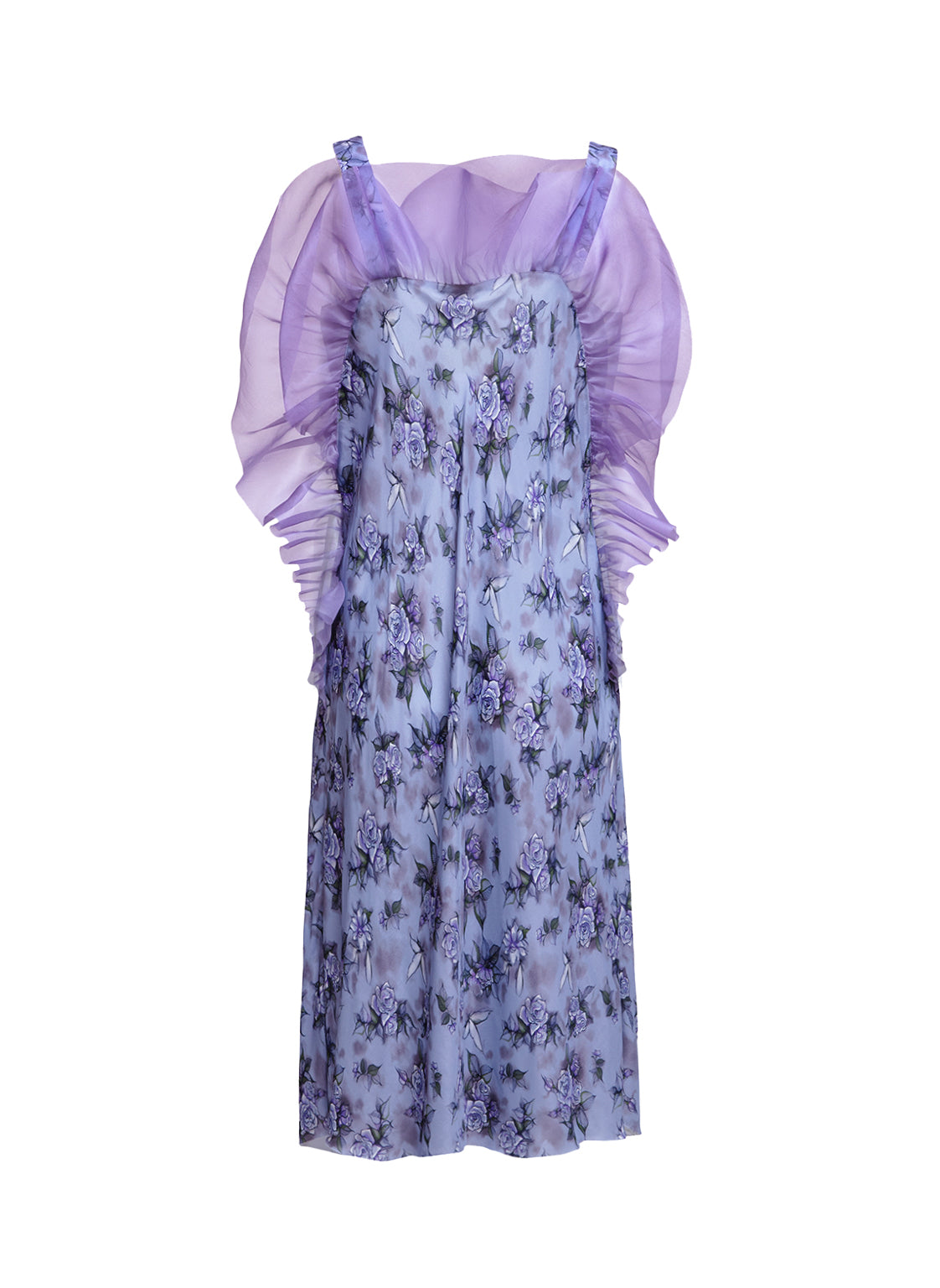 Midi-Kleid aus luxuriösem Stretch-Satin mit kunstvoll angebrachten Volants aus feinster Organzaseide