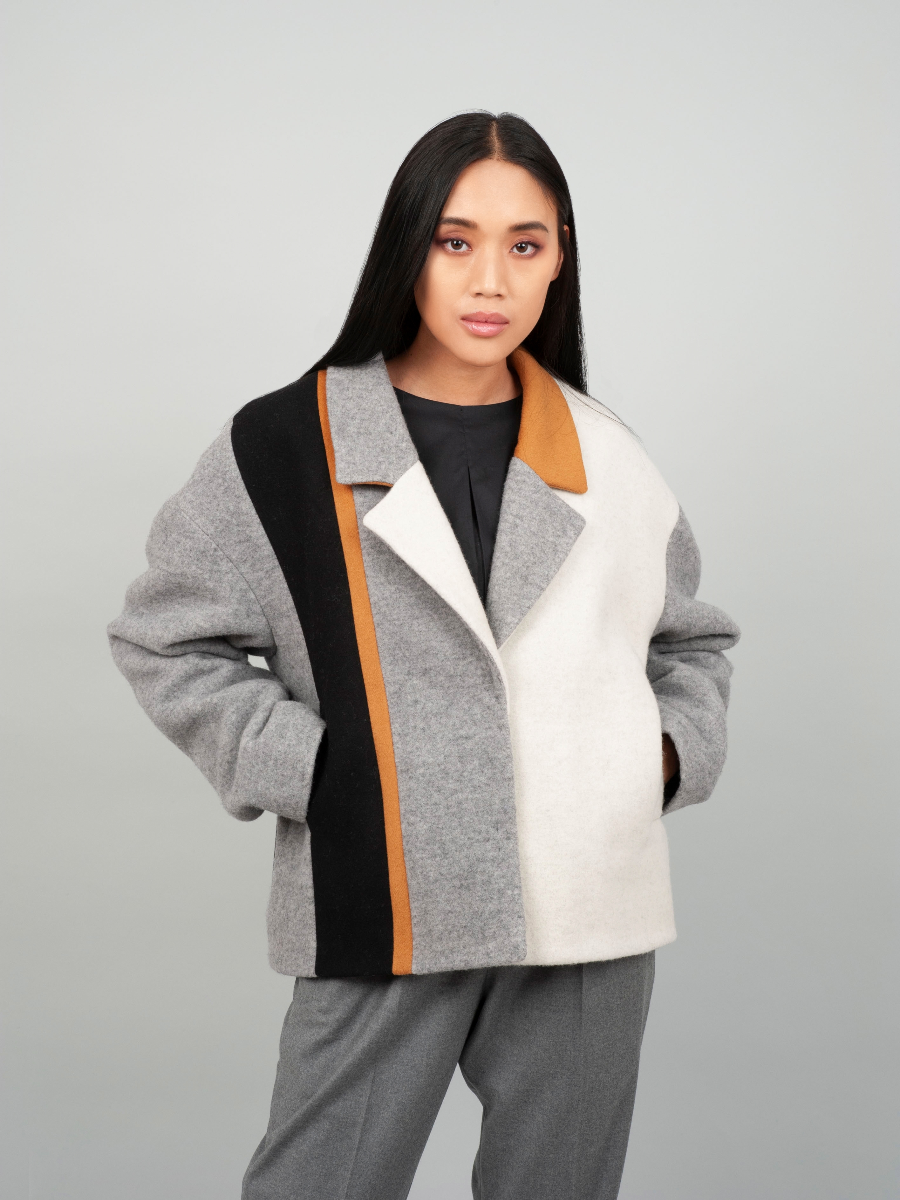Oversize Colour-Blocking Mantel aus Kaschmir und Merinowolle und abknöpfbarem Unterteil