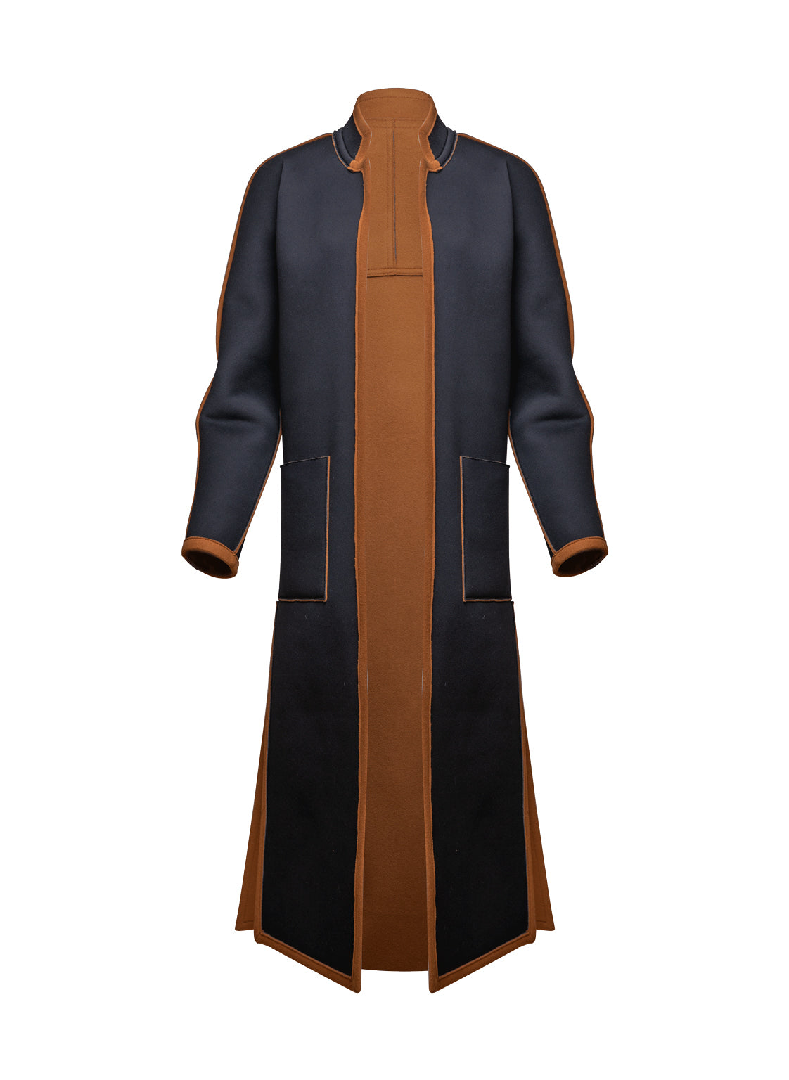 Langer Wendemantel aus limitiertem Doubleface Material, eine Seite Neopren, die andere aus Wolle und Kaschmir mit hohen seitlichen Schlitzen