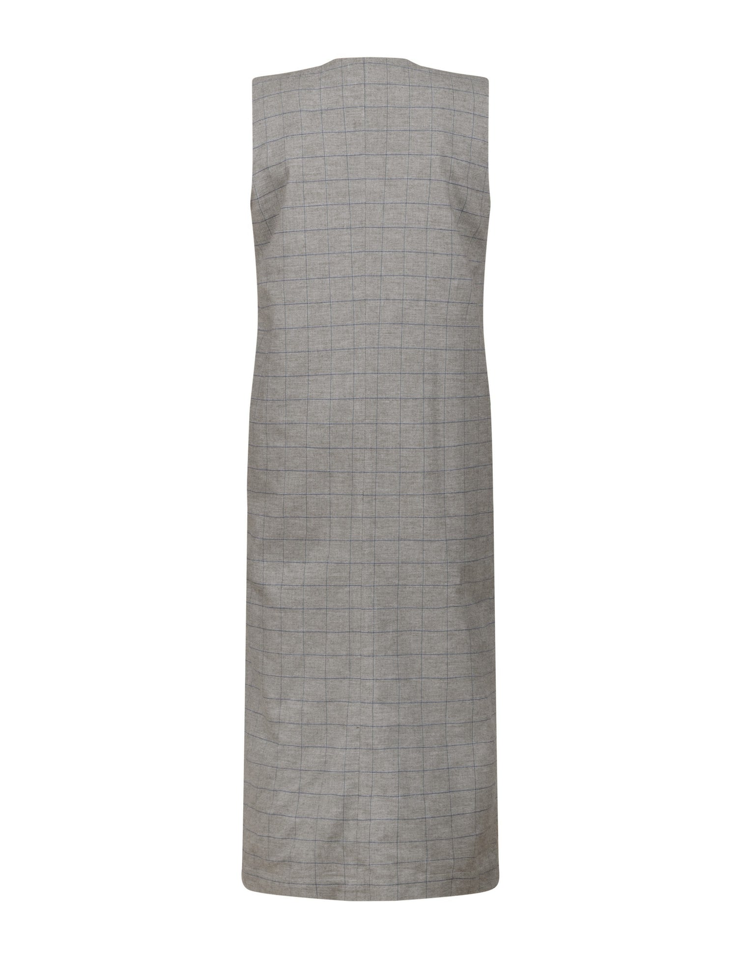 Ärmelloses, locker geschnittenes Kleid mit tiefem V-Ausschnitt und Pattentaschen sowie einem langen Seitenschlitz auf der Vorderseite. Hergestellt aus nachhaltigen Fasern.