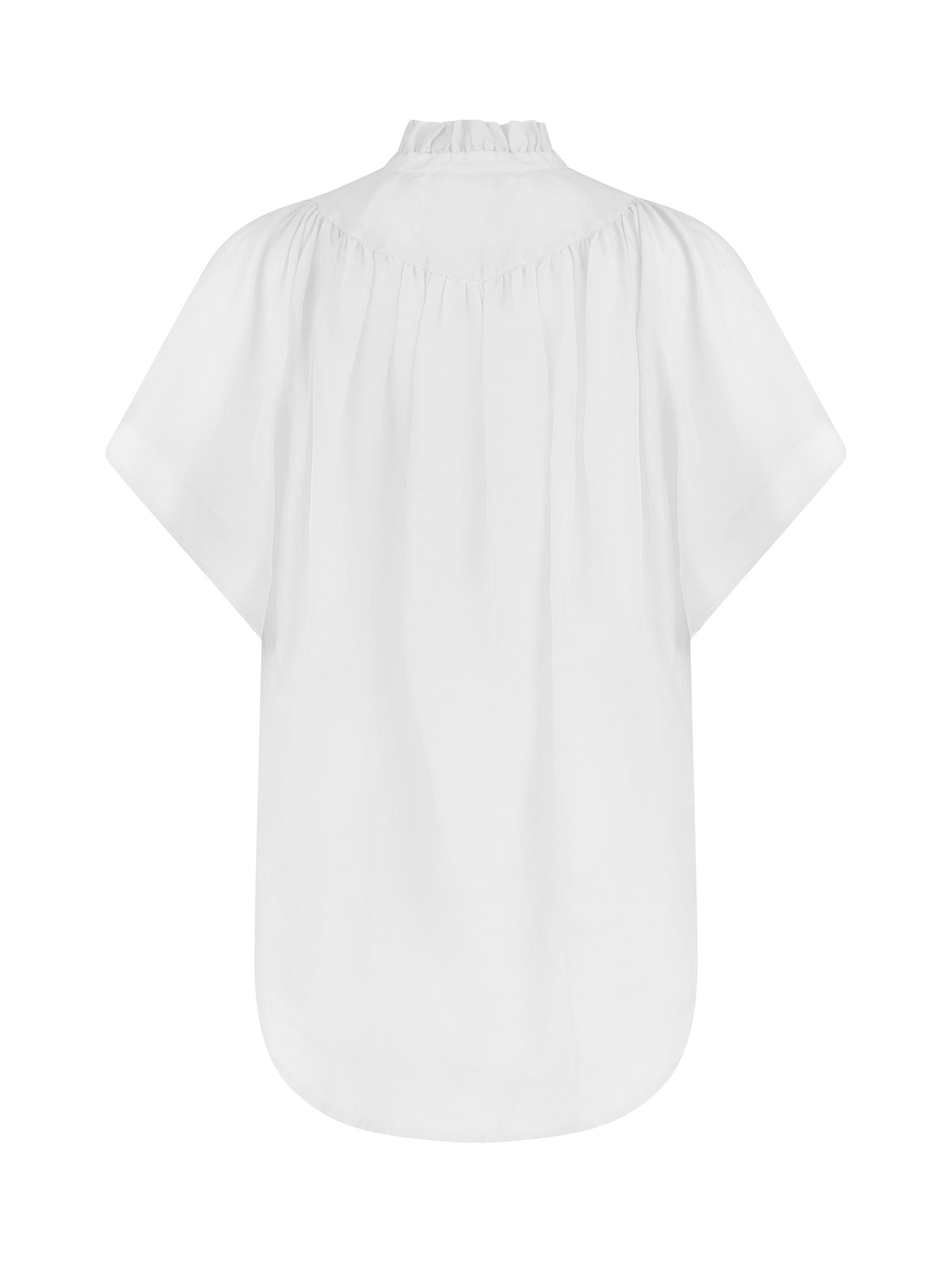 Transparente Bluse mit Stehkragen, auffälligen Ärmeln und durchgehender Knopfleiste auf der Vorderseite. Gefertigt aus einer hochwertigen Baumwoll-Seiden-Mischung.