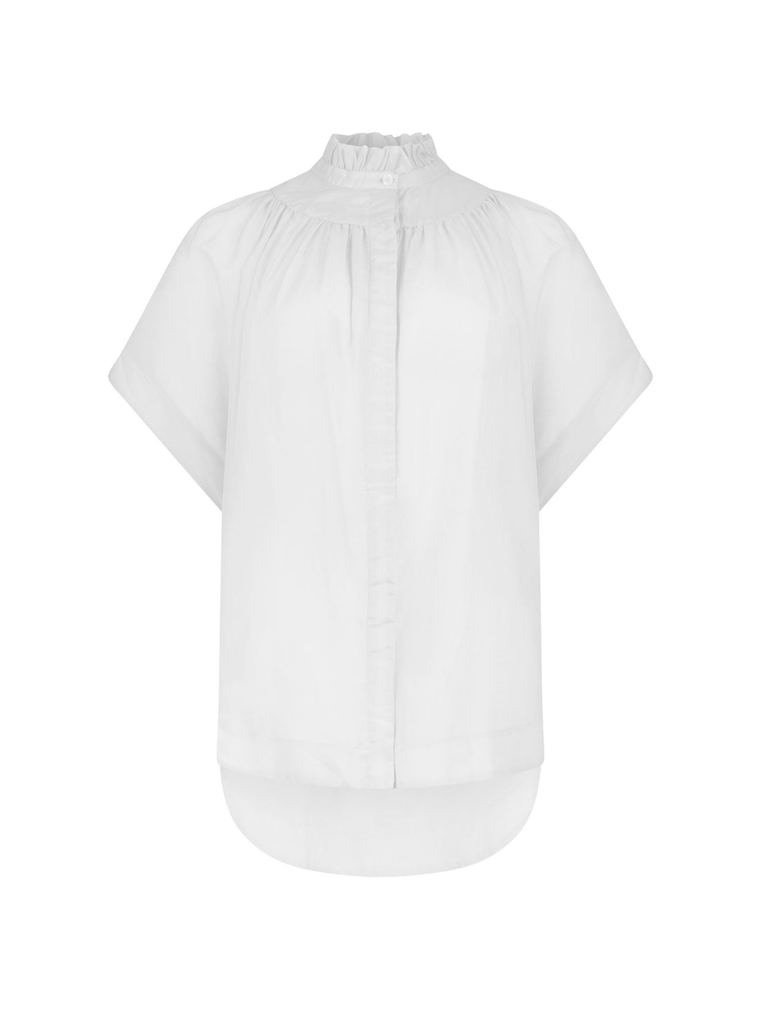 Transparente Bluse mit Stehkragen, auffälligen Ärmeln und durchgehender Knopfleiste auf der Vorderseite. Gefertigt aus einer hochwertigen Baumwoll-Seiden-Mischung.