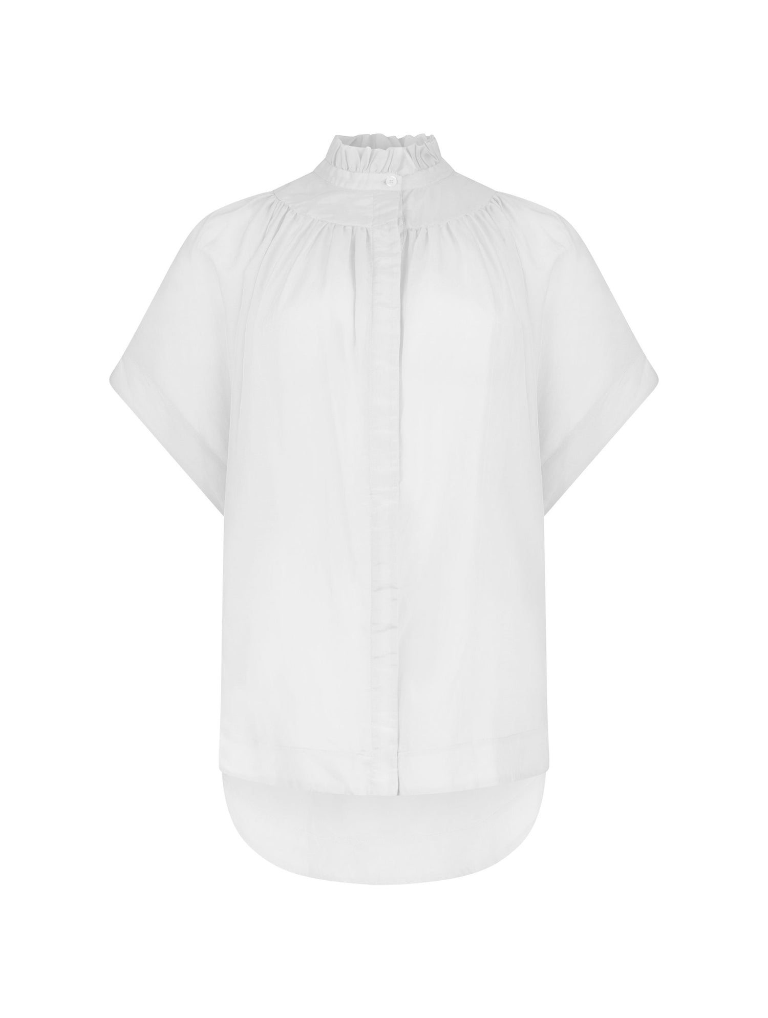Transparente Bluse mit Stehkragen, auffälligen Ärmeln und durchgehender Knopfleiste auf der Vorderseite. Gefertigt aus einer hochwertigen Baumwoll-Seiden-Mischung.