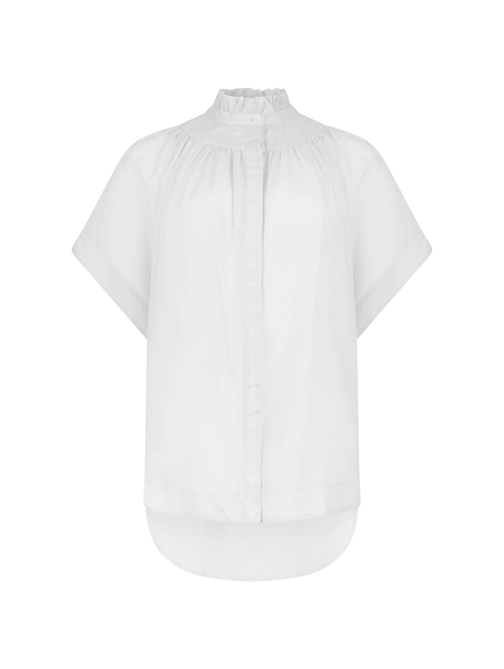 Transparente Bluse mit Stehkragen, auffälligen Ärmeln und durchgehender Knopfleiste auf der Vorderseite. Gefertigt aus einer hochwertigen Baumwoll-Seiden-Mischung.