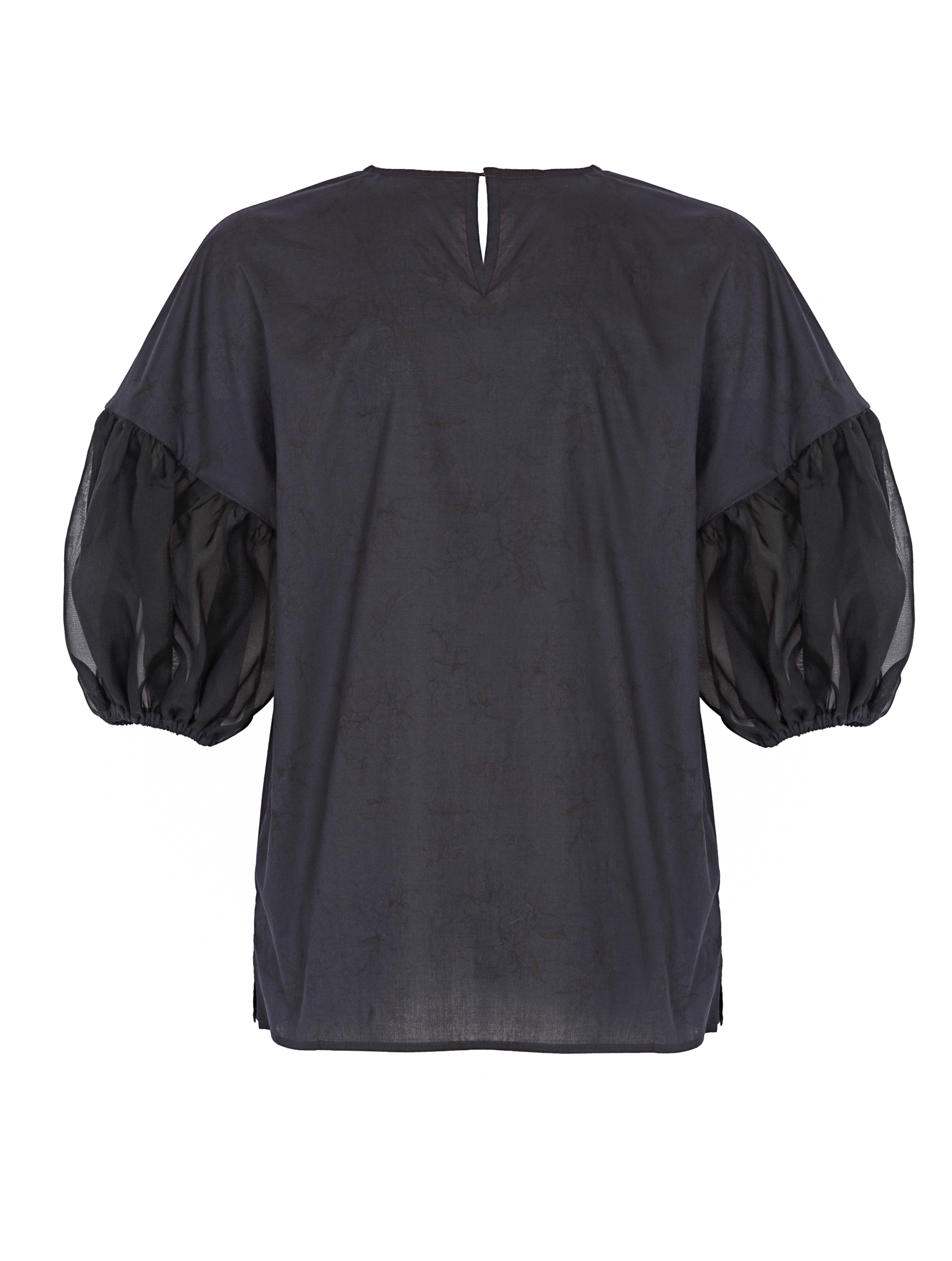 Schwarze Bluse mit Rundhalsausschnitt, Organza-Ärmeln, Seitenschlitzen und versteckten Seitentaschen