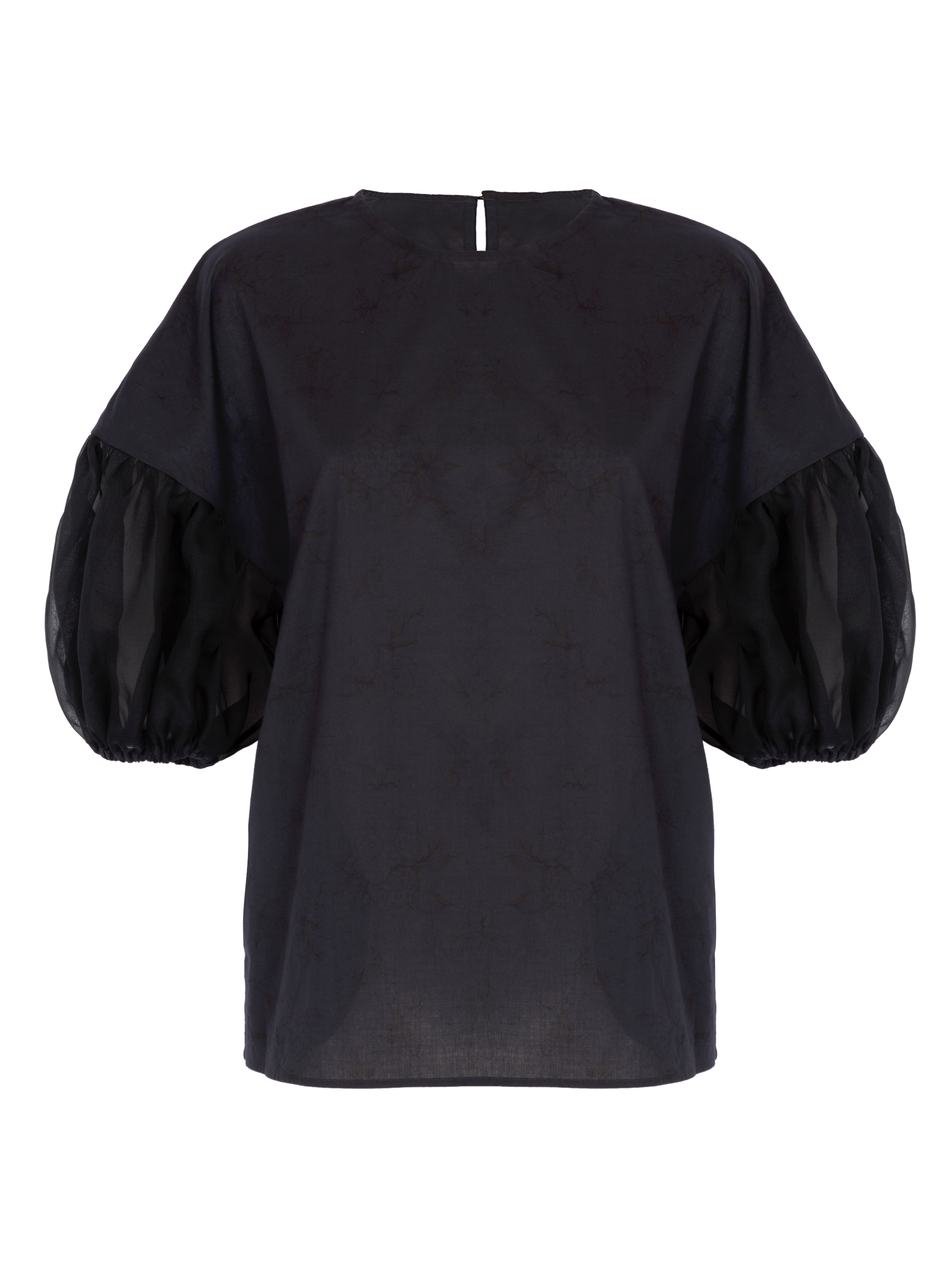 Schwarze Bluse mit Rundhalsausschnitt, Organza-Ärmeln, Seitenschlitzen und versteckten Seitentaschen