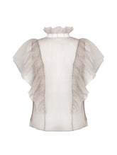 Bluse mit Organza-Volants auf Vorderseite, Schultern, Rücken und Kragen