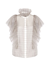 Bluse mit Organza-Volants auf Vorderseite, Schultern, Rücken und Kragen