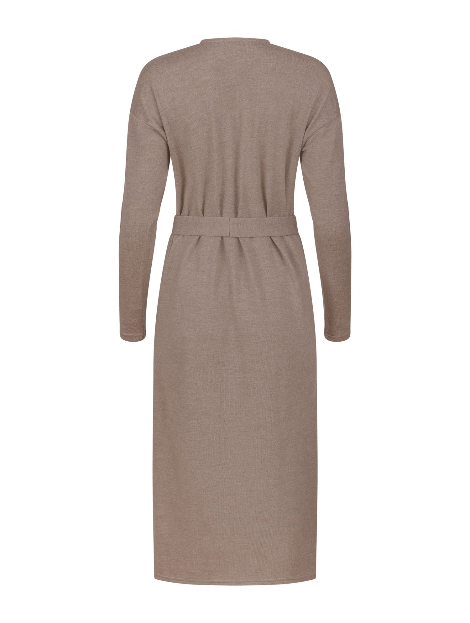 Locker geschnittenes Midikleid mit V-Ausschnitt, langen Seitenschlitzen und Gürtel. Dieses Modell ist Teil unserer REBORN-Kollektion und steht für unsere &quot;Zero-Waste-Politik&quot;.