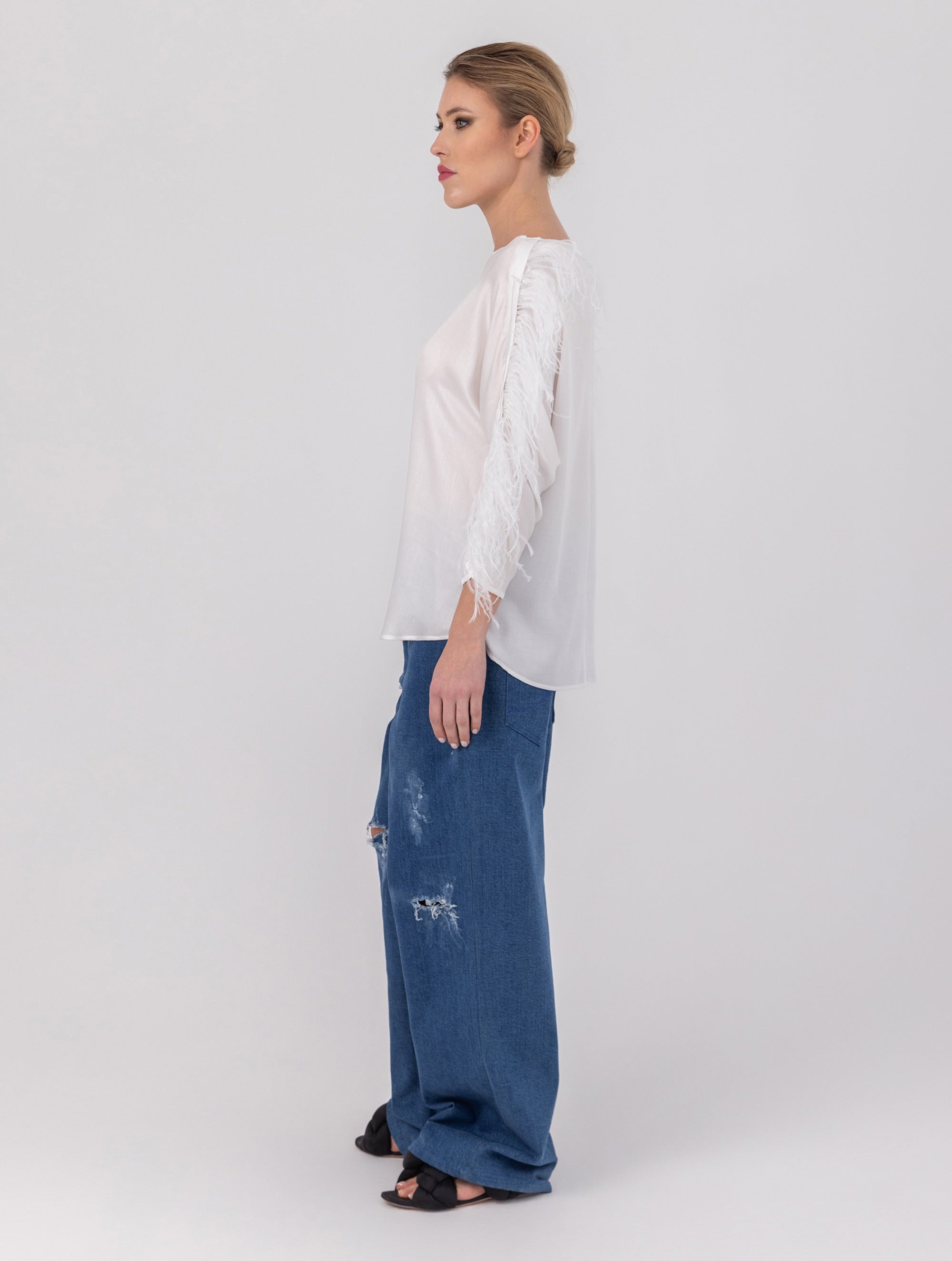 Halblang-Arm T-Shirt aus Viskose mit Federn am Arm zum an -und abknöpfen