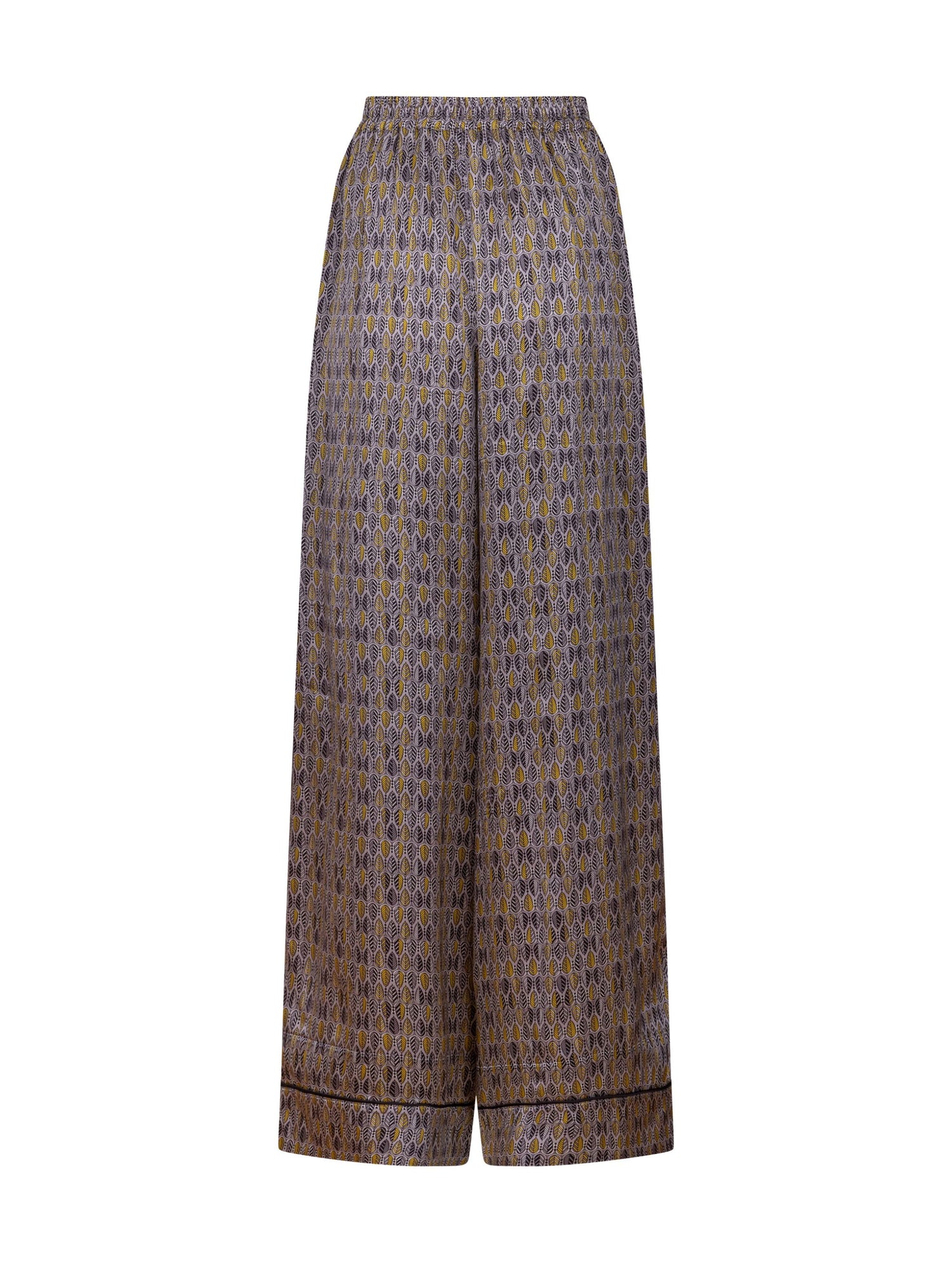 Bedruckte Satin-Seidenhose mit weitem Bein im Pyjama-Stil, elastischem Bund, Seitentaschen und schwarzen Paspeln. Hergestellt aus Naturfaser.