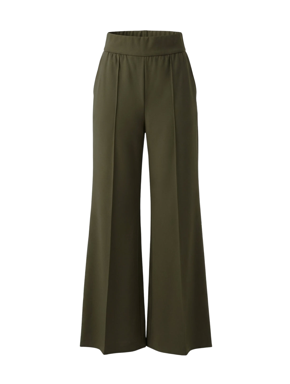 Die Hose Tanja in klassischem Dunkles Olivgrün überzeugt mit klarer Linienführung, eleganter Wide-Leg-Silhouette und hohem Bund mit elastischem Taillenband für eine bequeme, schmeichelhafte Passform.