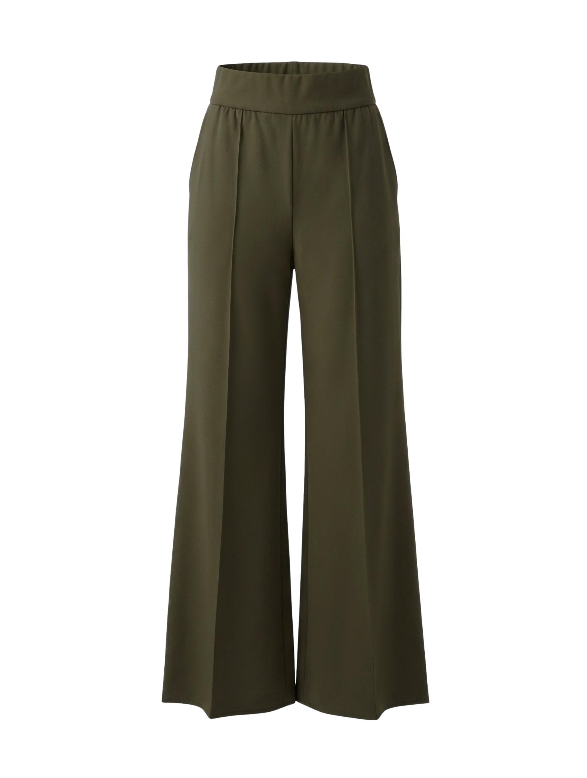 Die Hose Tanja in klassischem Dunkles Olivgrün überzeugt mit klarer Linienführung, eleganter Wide-Leg-Silhouette und hohem Bund mit elastischem Taillenband für eine bequeme, schmeichelhafte Passform.