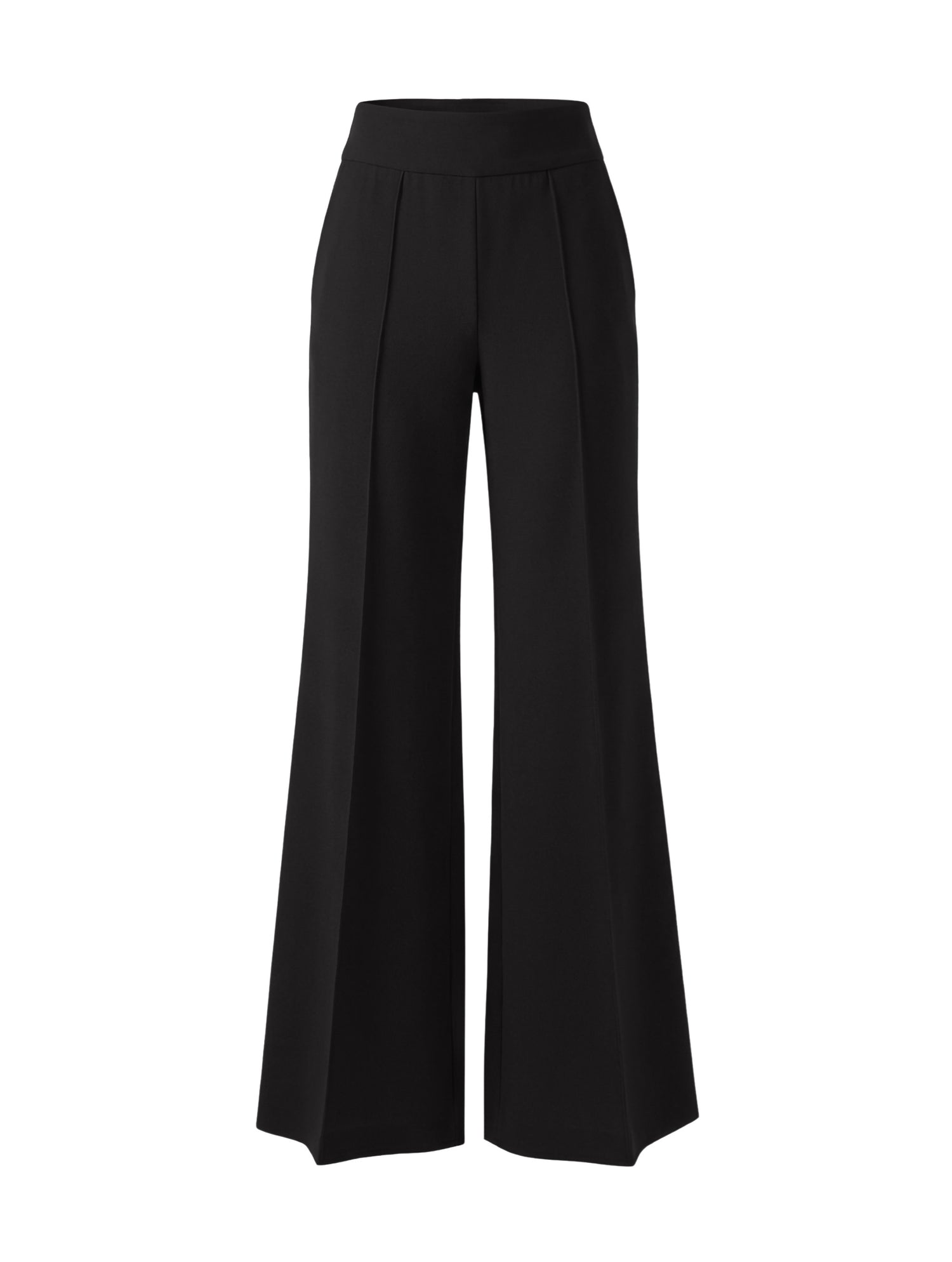Die Hose Tanja in klassischem Schwarz überzeugt mit klarer Linienführung, eleganter Wide-Leg-Silhouette und hohem Bund mit elastischem Taillenband für eine bequeme, schmeichelhafte Passform.