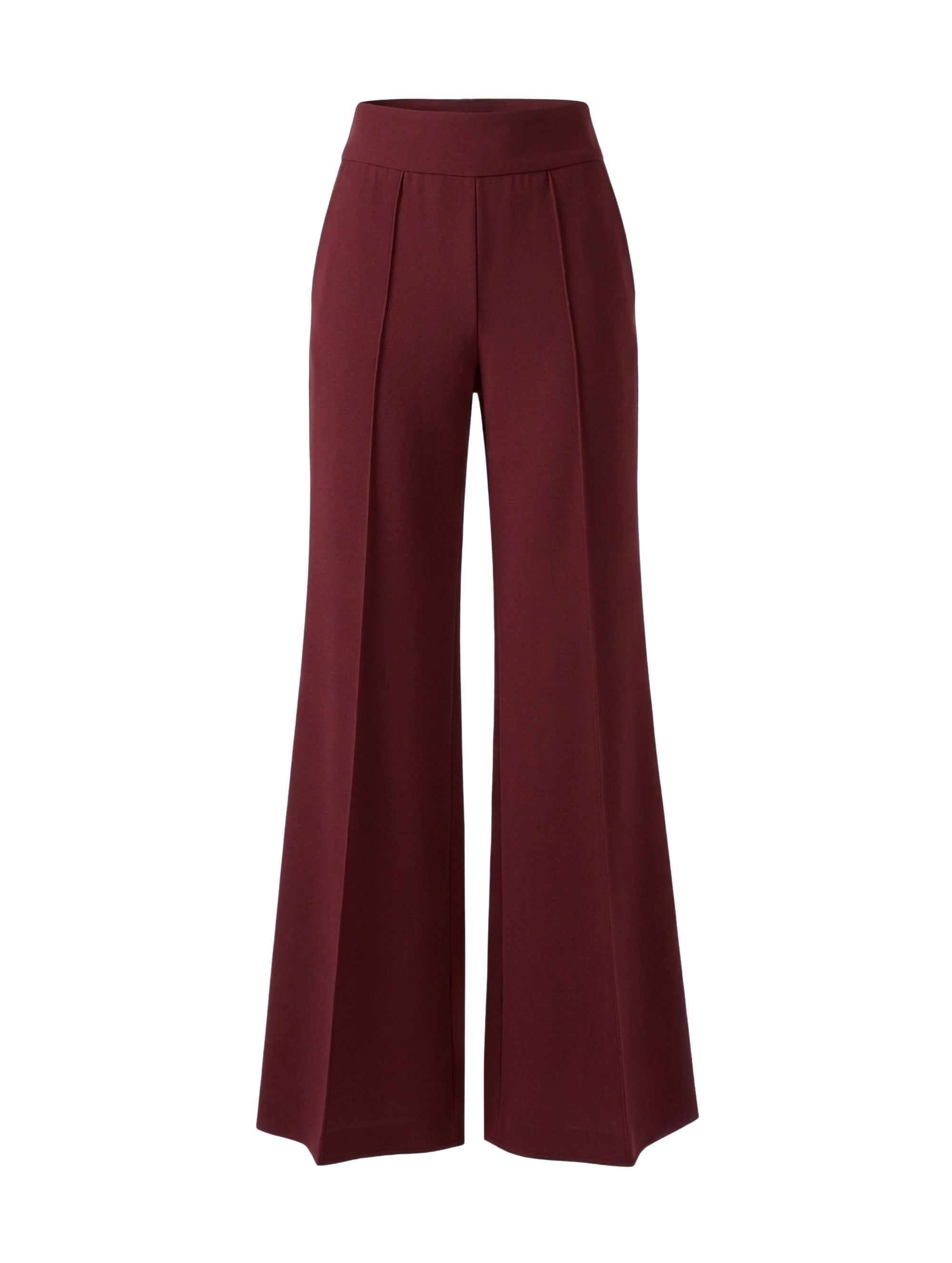 Die Hose Tanja in klassischem Weinrot überzeugt mit klarer Linienführung, eleganter Wide-Leg-Silhouette und hohem Bund mit elastischem Taillenband für eine bequeme, schmeichelhafte Passform.