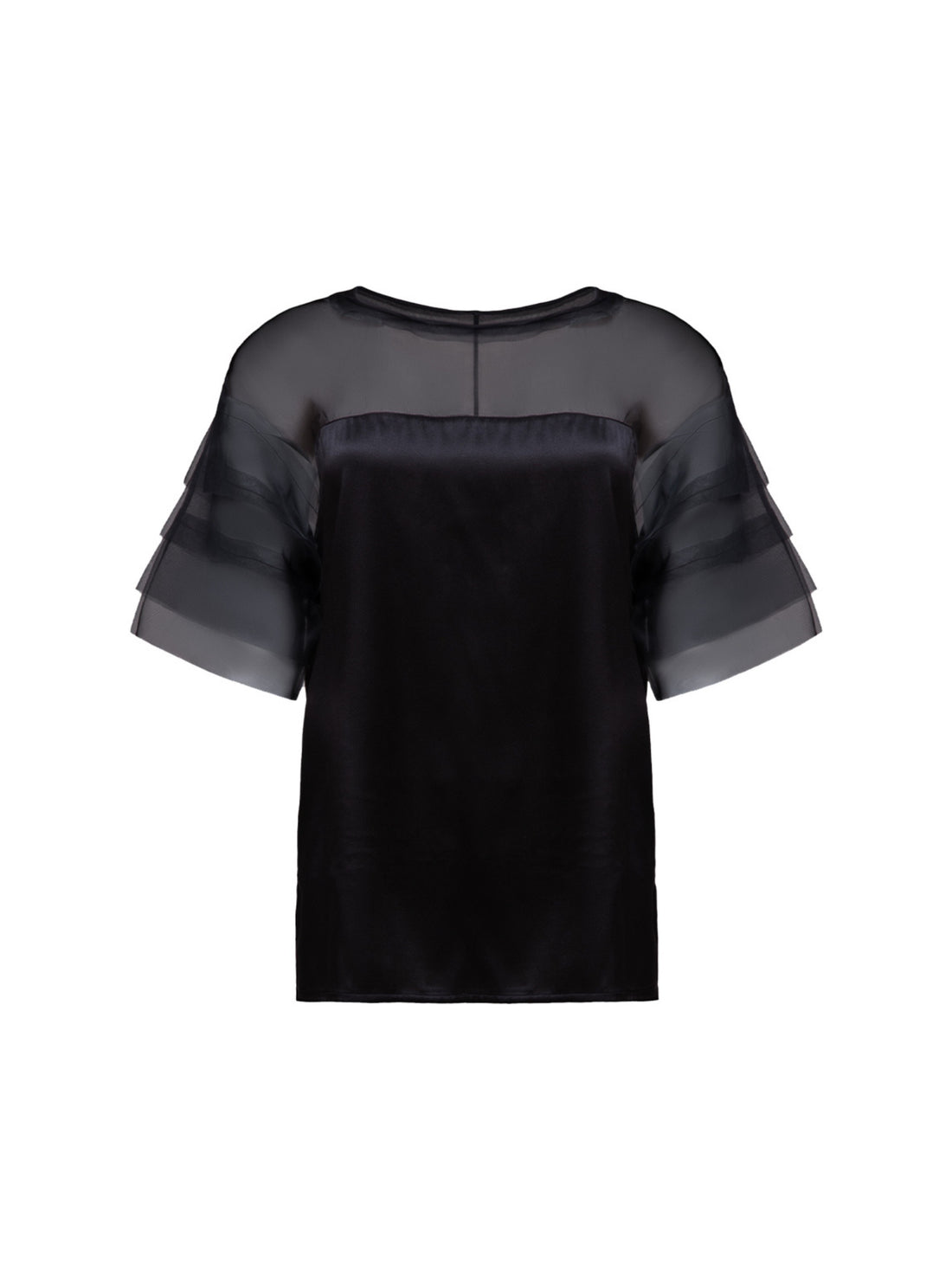 Exquisite Kurzarmbluse aus Stretch-Satin mit eleganten Einsätzen in der Schulterpartie und den Ärmeln aus feiner Organzaseide.