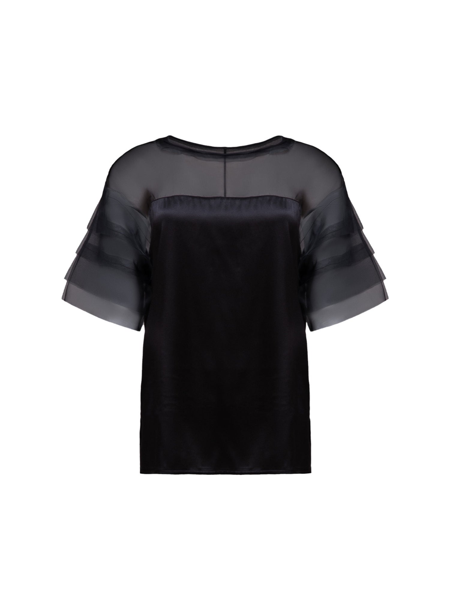 Exquisite Kurzarmbluse aus Stretch-Satin mit eleganten Einsätzen in der Schulterpartie und den Ärmeln aus feiner Organzaseide.