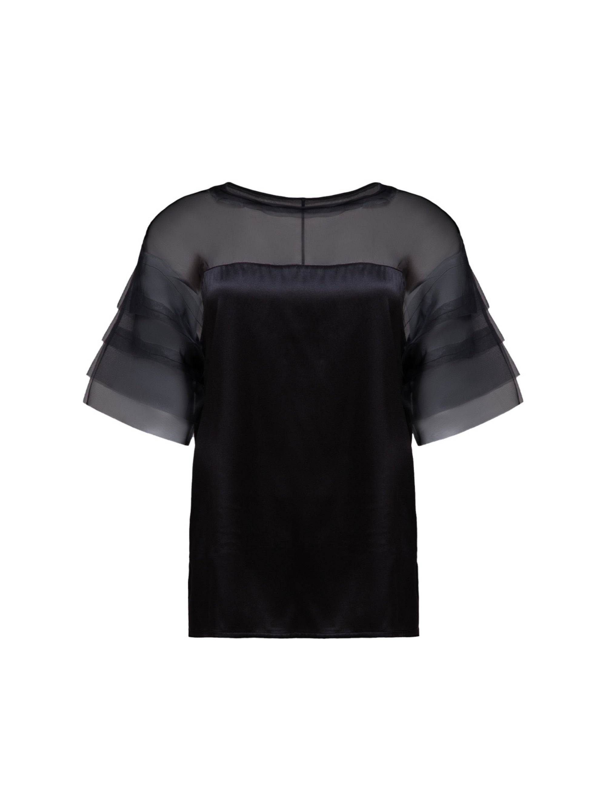Exquisite Kurzarmbluse aus Stretch-Satin mit eleganten Einsätzen in der Schulterpartie und den Ärmeln aus feiner Organzaseide.