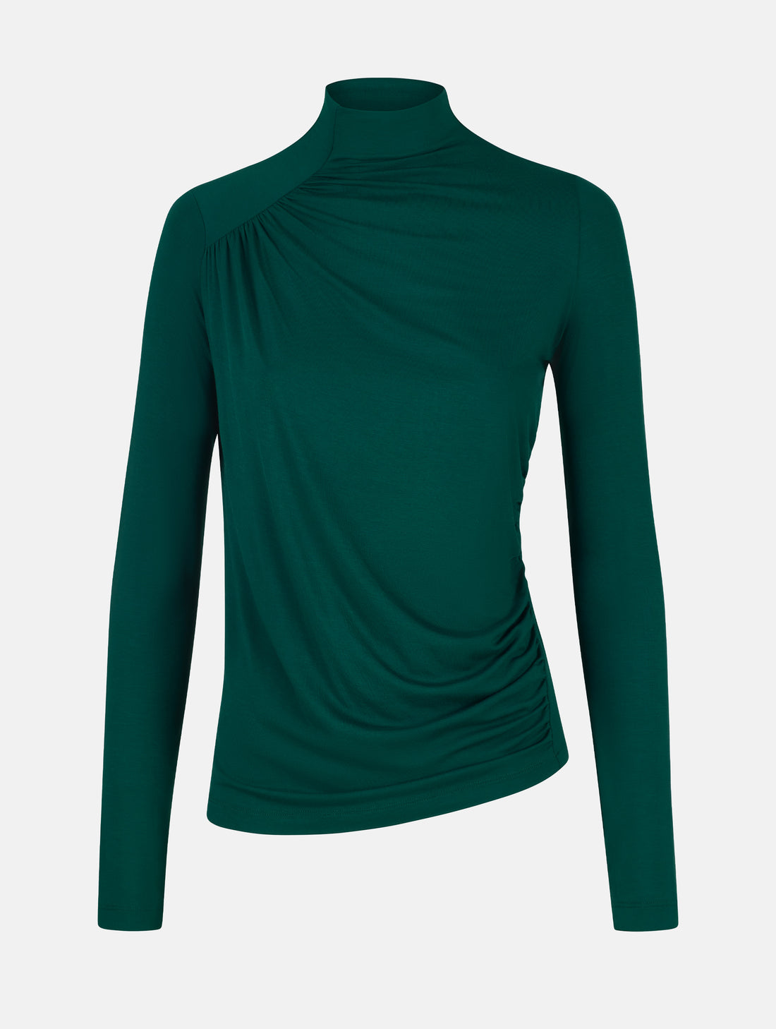 Figurbetontes Longsleeve mit Hochkragen aus ultraweichen Light-Jersey und Raffung am Hals, sowie der gegenüberliegenden Seite auf Höhe der Taille.