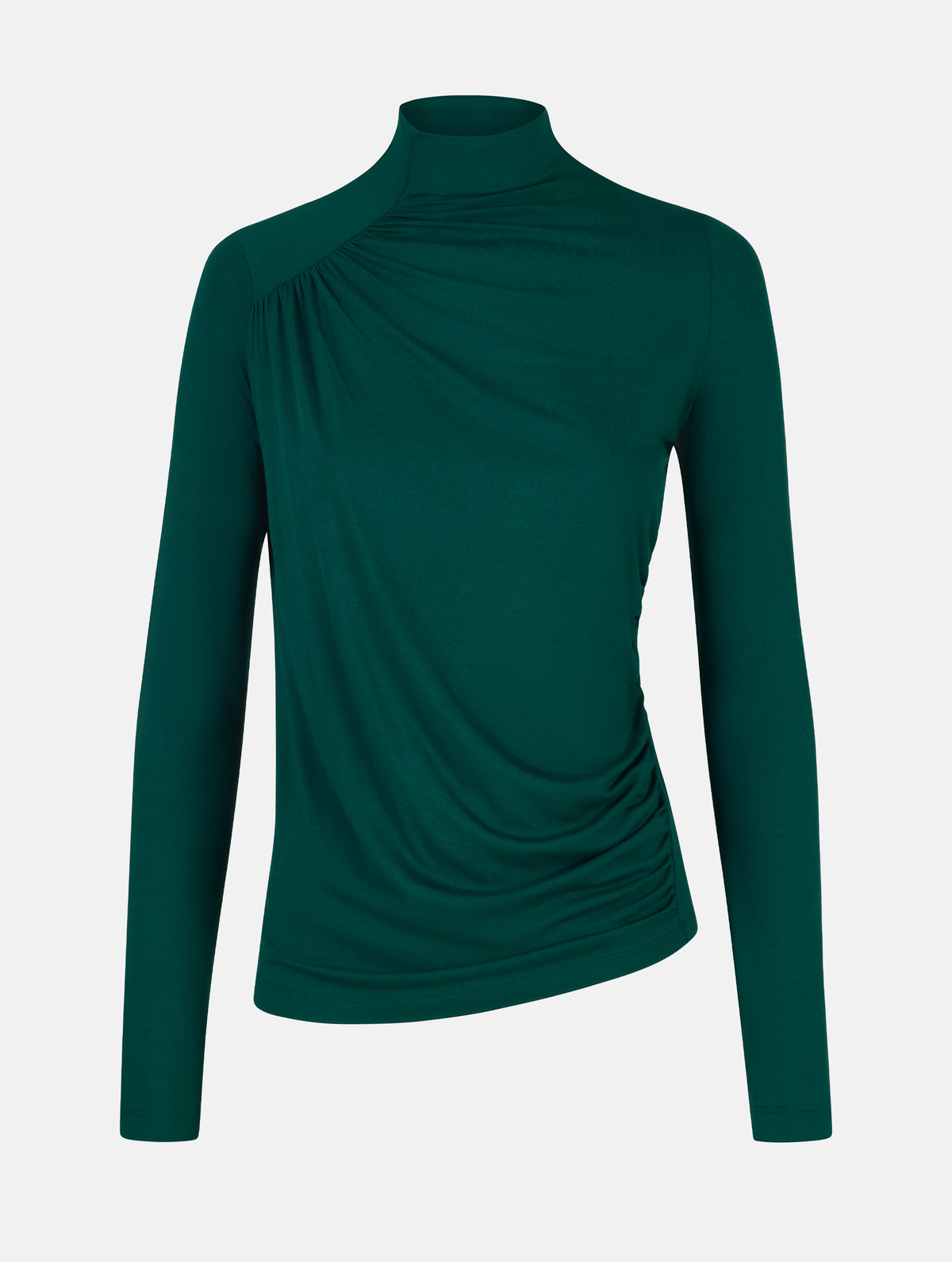 Figurbetontes Longsleeve mit Hochkragen aus ultraweichen Light-Jersey und Raffung am Hals, sowie der gegenüberliegenden Seite auf Höhe der Taille.