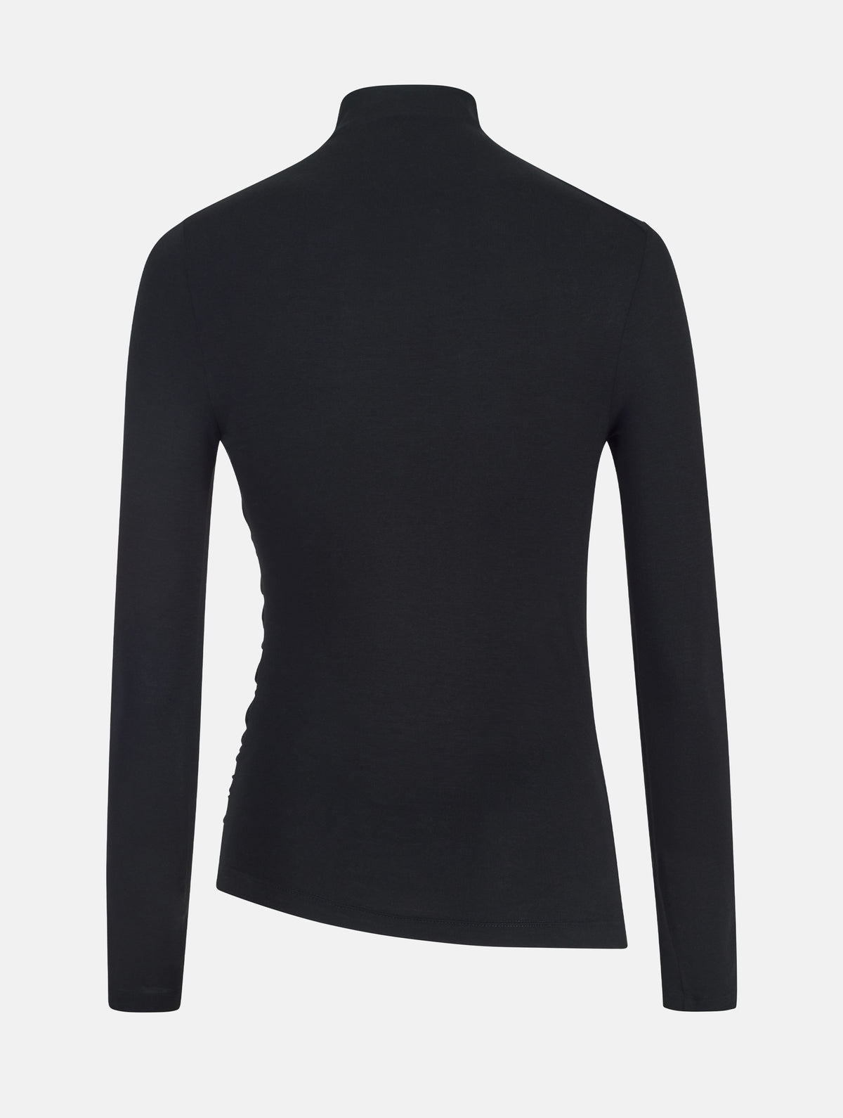Figurbetontes Longsleeve mit Hochkragen aus ultraweichen Light-Jersey und Raffung am Hals, sowie der gegenüberliegenden Seite auf Höhe der Taille.