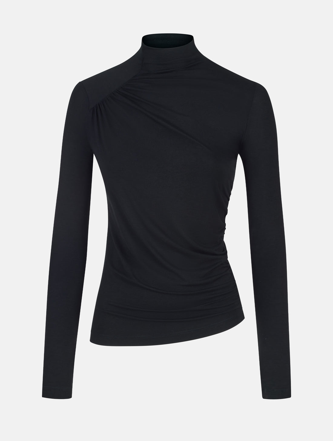 Figurbetontes Longsleeve mit Hochkragen aus ultraweichen Light-Jersey und Raffung am Hals, sowie der gegenüberliegenden Seite auf Höhe der Taille.