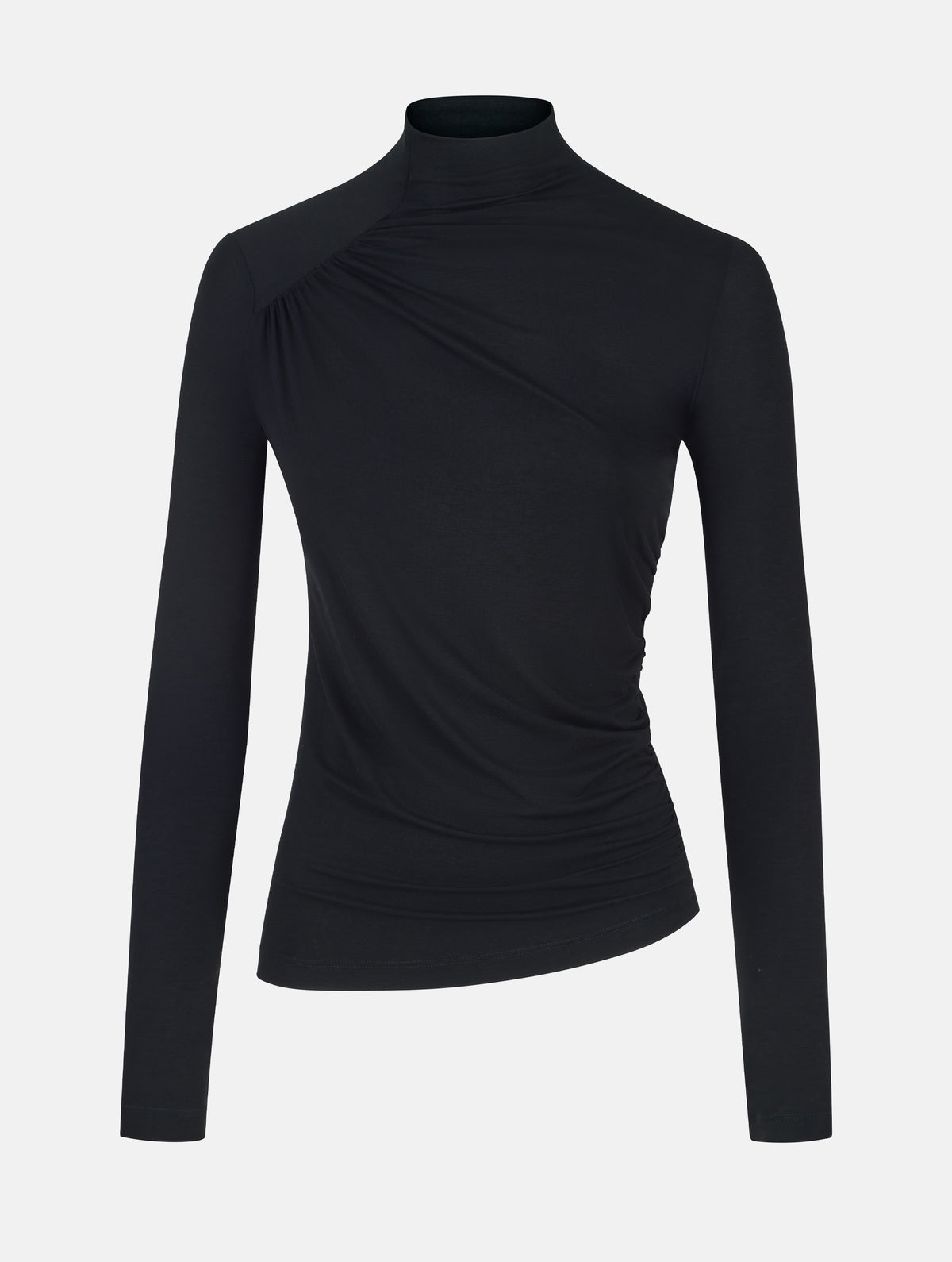 Figurbetontes Longsleeve mit Hochkragen aus ultraweichen Light-Jersey und Raffung am Hals, sowie der gegenüberliegenden Seite auf Höhe der Taille.
