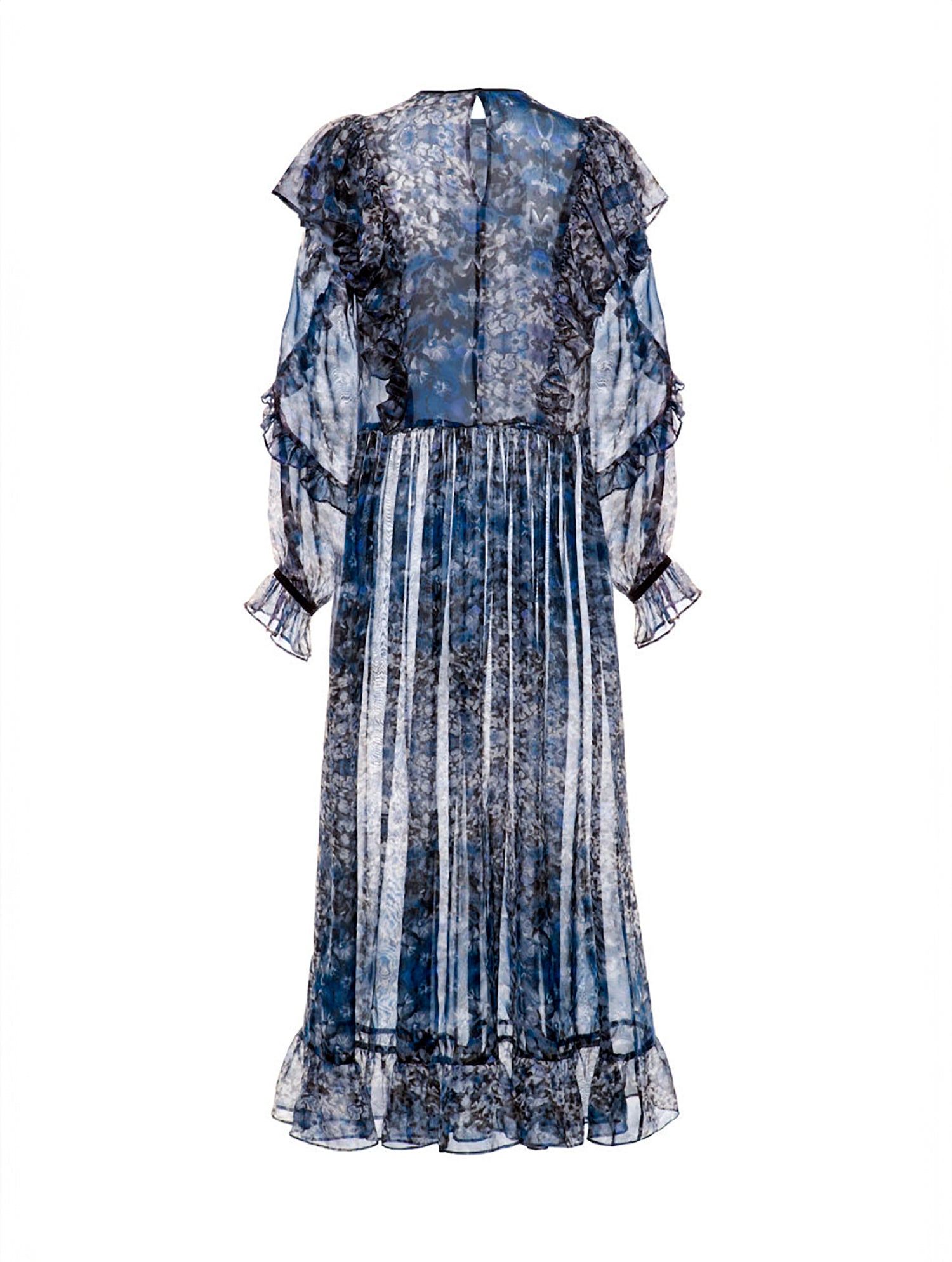 Atemberaubendes Maxikleid aus leicht transparenter Chiffonseide, kunstvollem Blütenprint und feinen Volants.