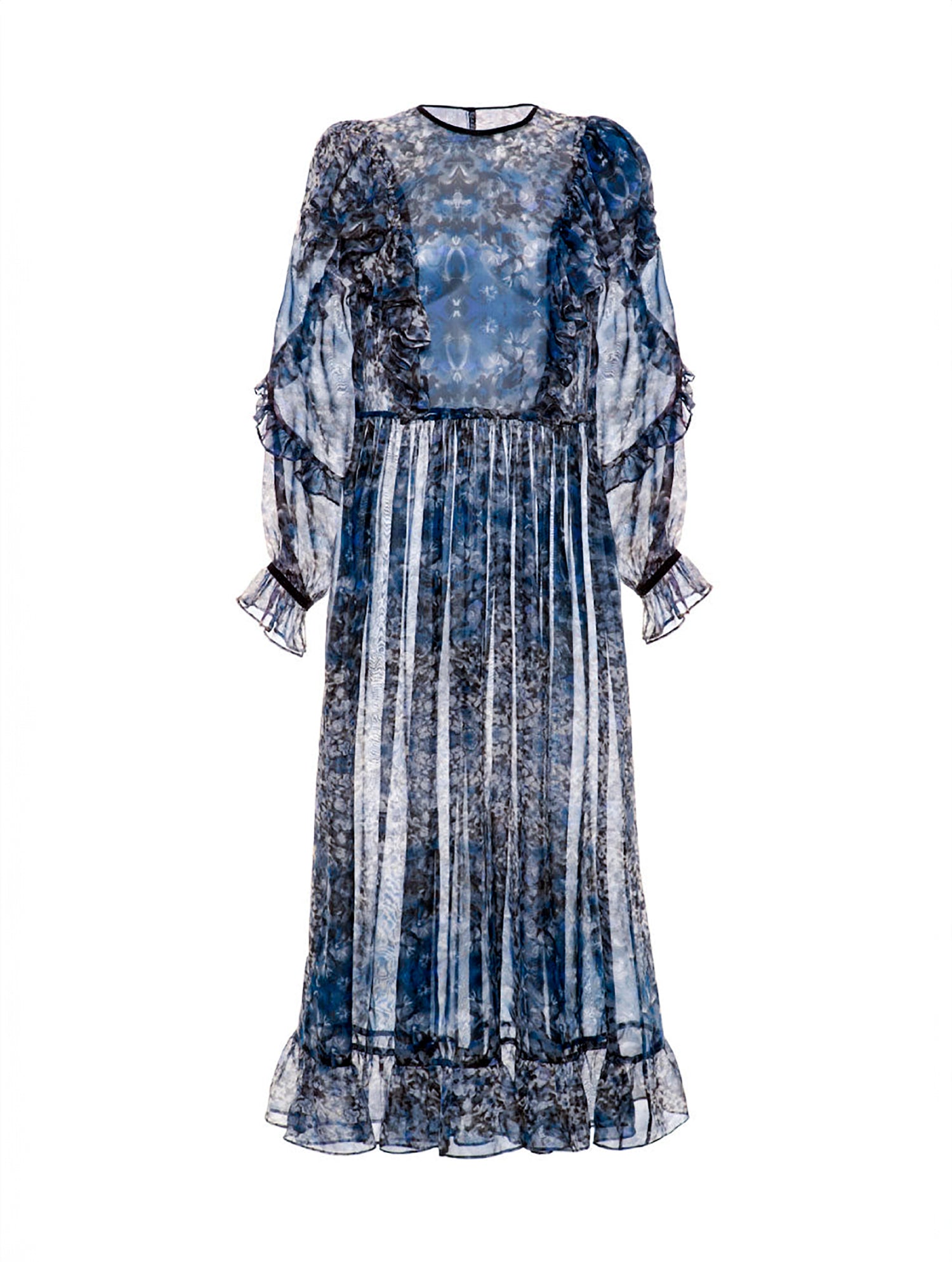 Atemberaubendes Maxikleid aus leicht transparenter Chiffonseide, kunstvollem Blütenprint und feinen Volants.