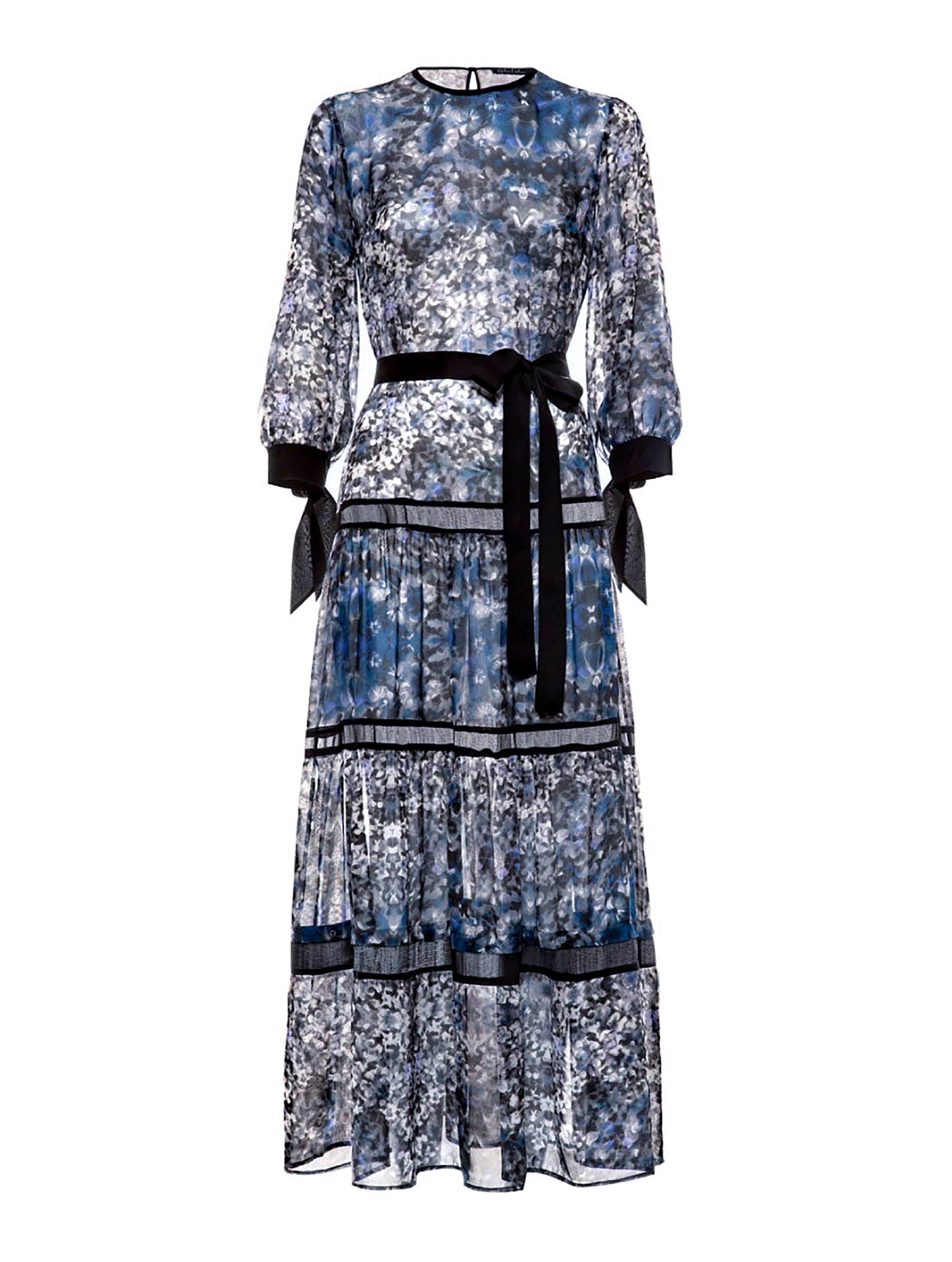 Maxi Kleid aus zarter Chiffonseide mit einen bezaubernden Blütenprint, Schleifen an den Ärmeln und abnehmbaren Volants.