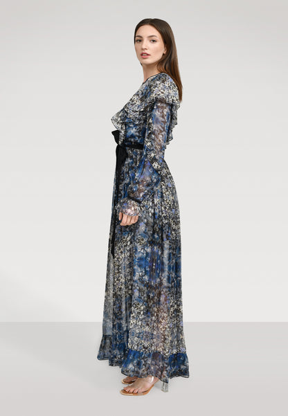 Atemberaubendes Maxikleid aus leicht transparenter Chiffonseide, kunstvollem Blütenprint und feinen Volants