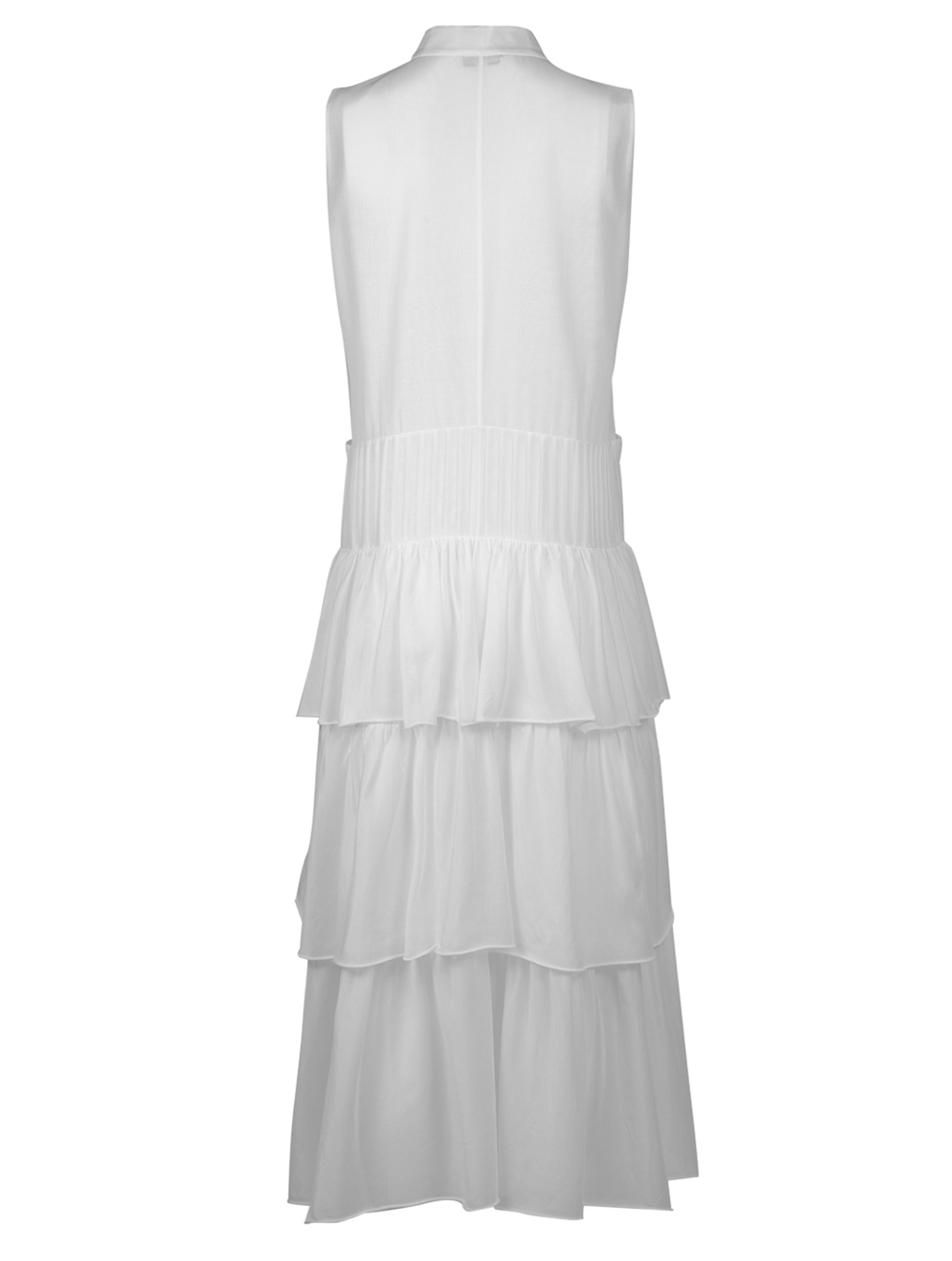 Maxikleid aus einem luxuriösen Baumwoll-Seiden Mix, vertikalen Biesen, schmaler Knopfleiste und 3 breiten Volants am Rockteil