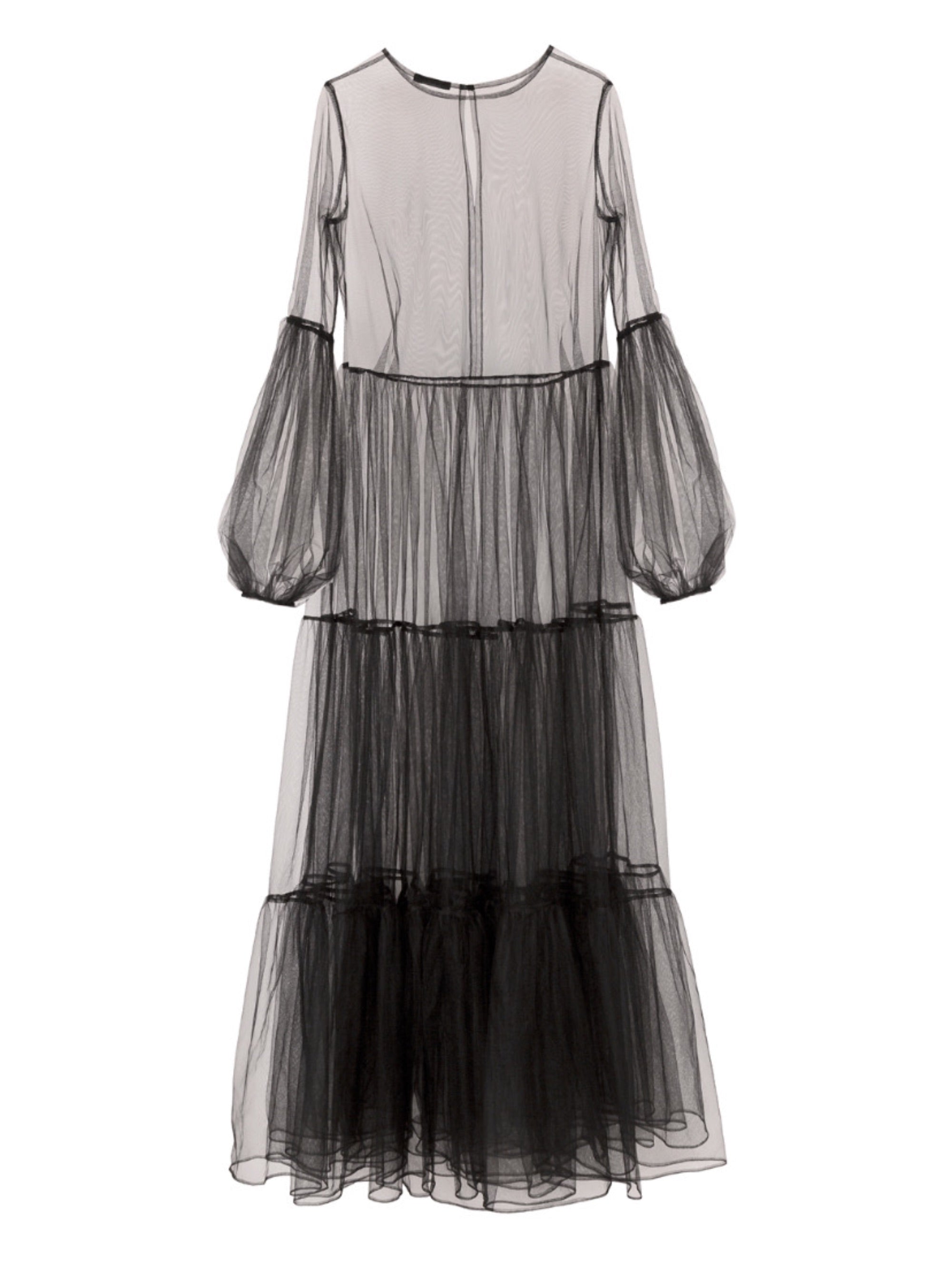 Schwarzes Maxikleid aus Tüll mit weitem Rock und Puffärmeln