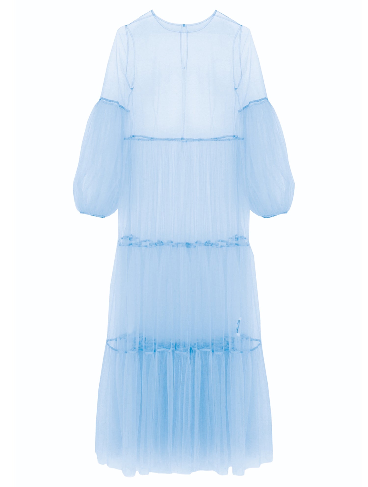 Hellblaues Maxikleid aus Tüll mit weitem Rock und Puffärmeln