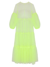 Neongelbes Maxikleid aus Tüll mit weitem Rock und Puffärmeln